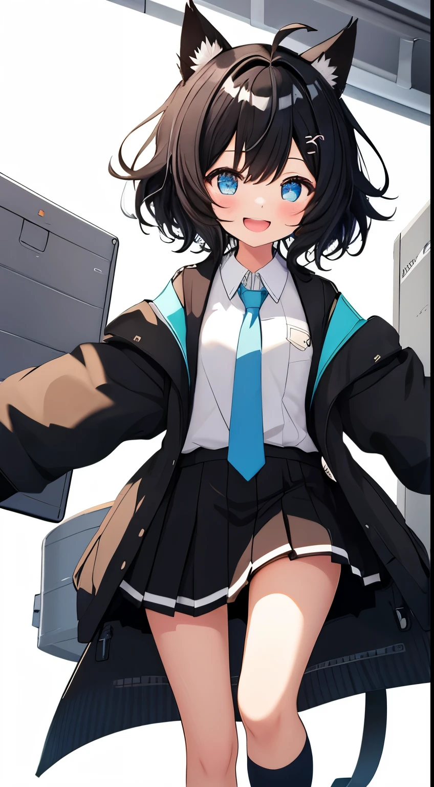 1girl with, Open mouth, Smile, Virtual Youtuber、girl with、((Best Quality, high_resolution, Distinct_image)),(Black hair), (Black cat ears), (Ahoge), (absurdly short hair), (Wavy Hair), (Blue eyes),、A smile、((concept-art))、Dressed in student uniform。wore a tie((Arms at sides))((Upright))、独奏、Girl with 1 person、above knee、White background、symple background、Front-facing。Lori。Gamine。Mini。