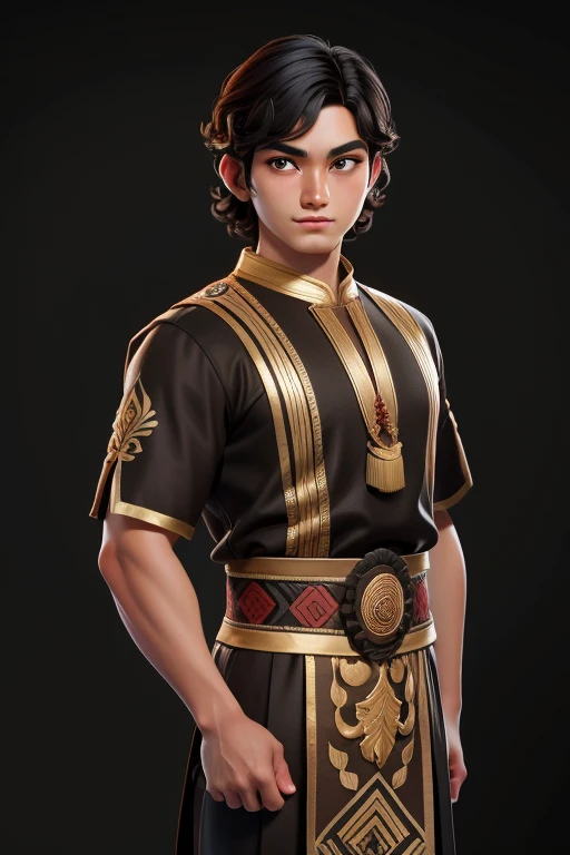 masterpiece, best quality, 1 man, black eyes, brown skin, black hair, wavy hair, short hair, Indonesian traditional clothes, simple background, solo, upper body