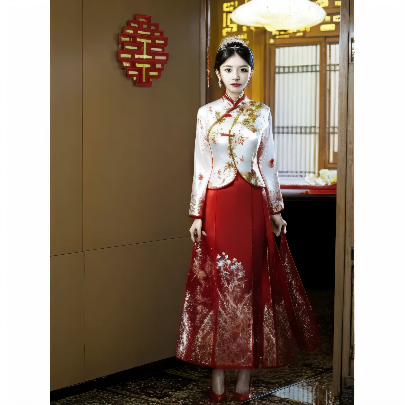 Fide woman wearing red and white dress and white jacket, On the cheongsam, china idol traditional clothing, On the cheongsam, china idol, Match with ancient china idol costumes, china idol outfit, china idol traditional, traditionalcostumes, Imperial royal elegant clothing, wearing a red On the cheongsam, white hanfu, Hanfu, ao dai, traditional cut suit, traditional garb