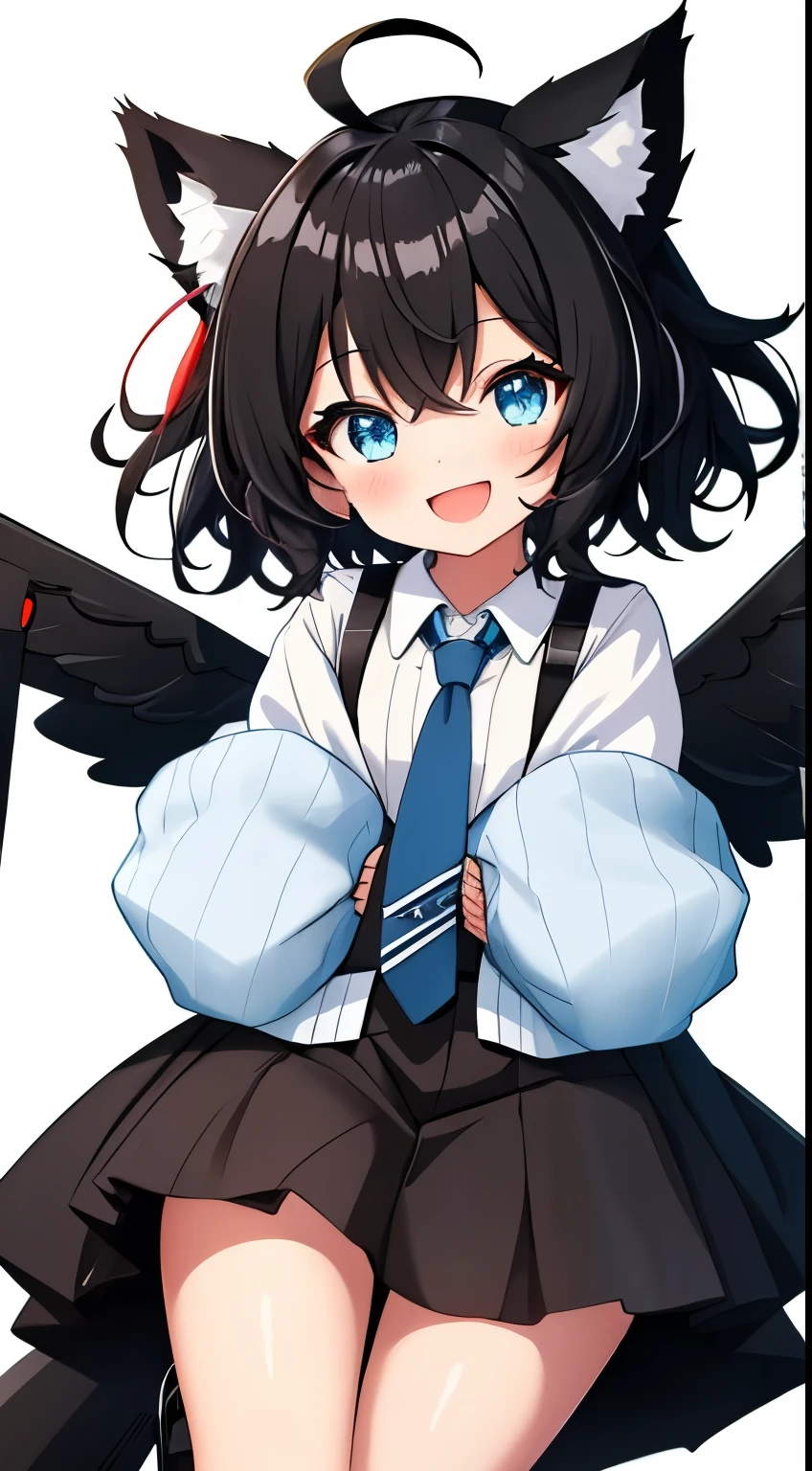 1girl with, Open mouth, Smile, Virtual Youtuber、girl with、((Best Quality, high_resolution, Distinct_image)),(Black hair), (Black cat ears), (Ahoge), (absurdly short hair), (Wavy Hair), (Blue eyes),、A smile、((concept-art))、Dressed in student uniform。wore a tie((Arms at sides))((Upright))、独奏、Girl with 1 person、above knee、White background、symple background、Front-facing。Lori。Gamine。Mini。
