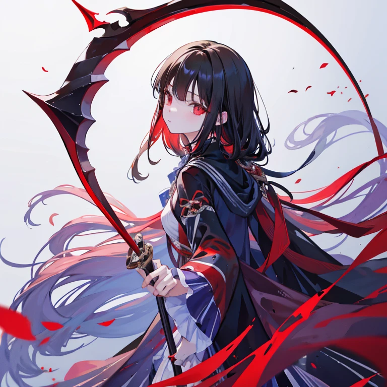 gazing at viewer、has a two handed sword、Wearing a black robe、Red Eyes、Wearing a red aura、Holding a scythe、Fantasticalな背景、Pretty Woman、Best image、​masterpiece、Fantastical、