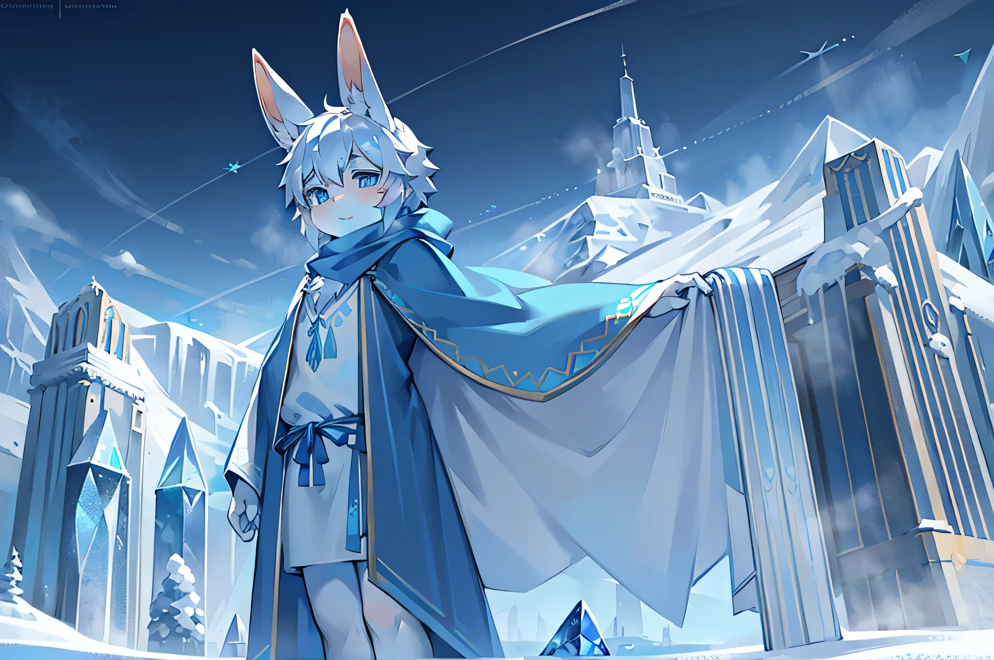 A white rabbit，shota，long blue robes，Ski slopes，eBlue eyes，suns，Clear blue sky，long bunny ears，Stand on the snow，crystal pupil scarf，having fun，ornate backdrop，Thriving towns