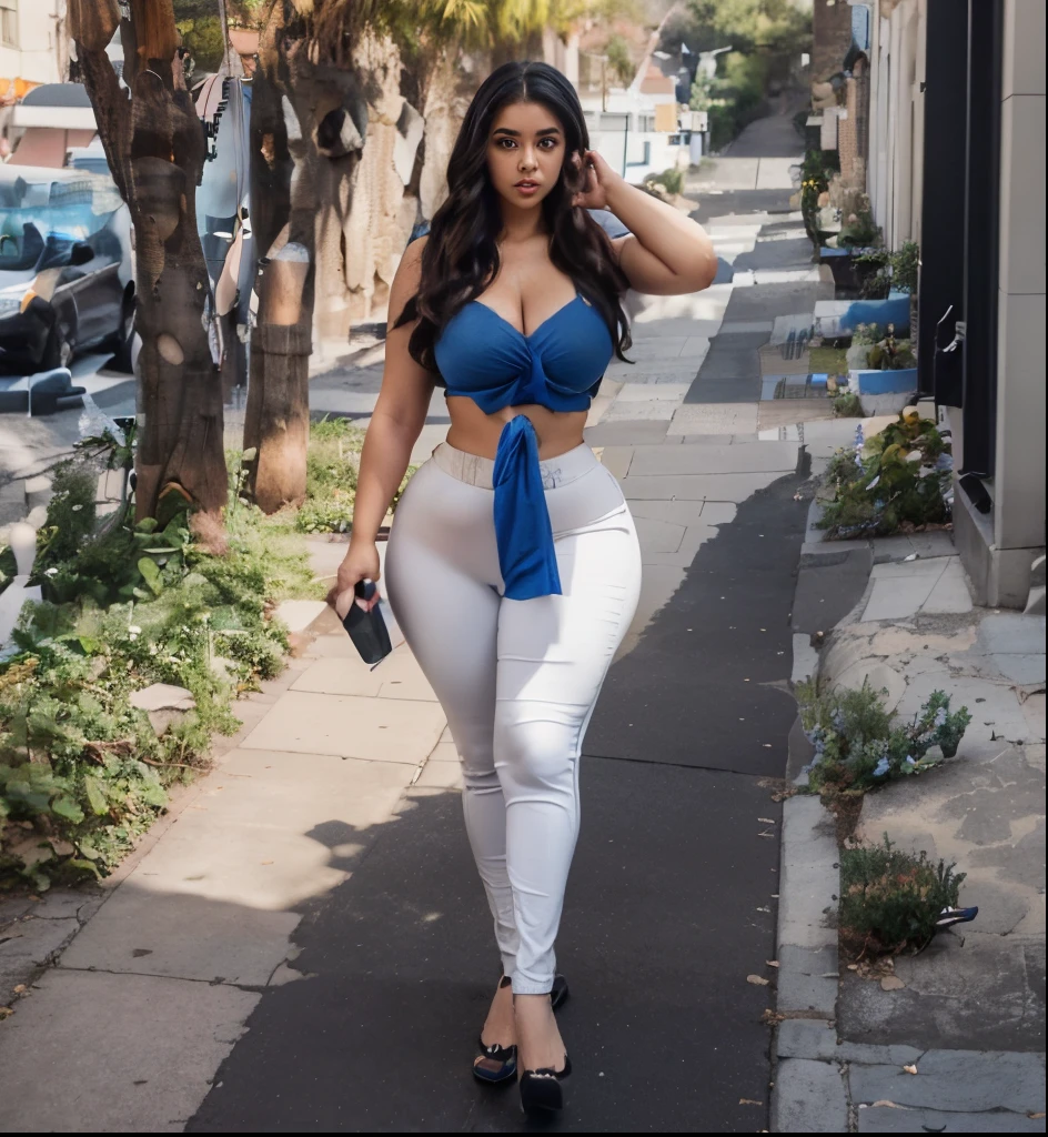 araffe woman in a blue top and black pants walking down a sidewalk, curvy hourglass figure, skinny waist and thick hips, curvy figure, hourglass figure, curvy and bow, attractive feminine curves, curvy model, wide hips, demi rose, tight outfit, beautiful thick female, , attractive curves, thick body, hourglass slim figure