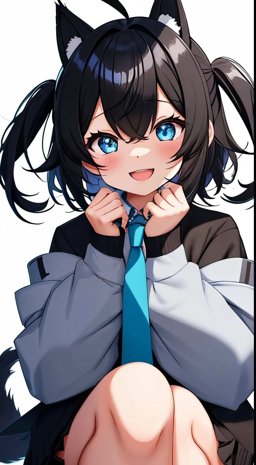 1girl with, Open mouth, Smile, Virtual Youtuber、girl with、((Best Quality, high_resolution, Distinct_image)),(Black hair), (Black cat ears), (Ahoge), (absurdly short hair), (Wavy Hair), (Blue eyes),、A smile、((concept-art))、Dressed in student uniform。wore a tie((Arms at sides))((Upright))、独奏、Girl with 1 person、above knee、White background、symple background、Front-facing。Lori。Gamine。Mini。