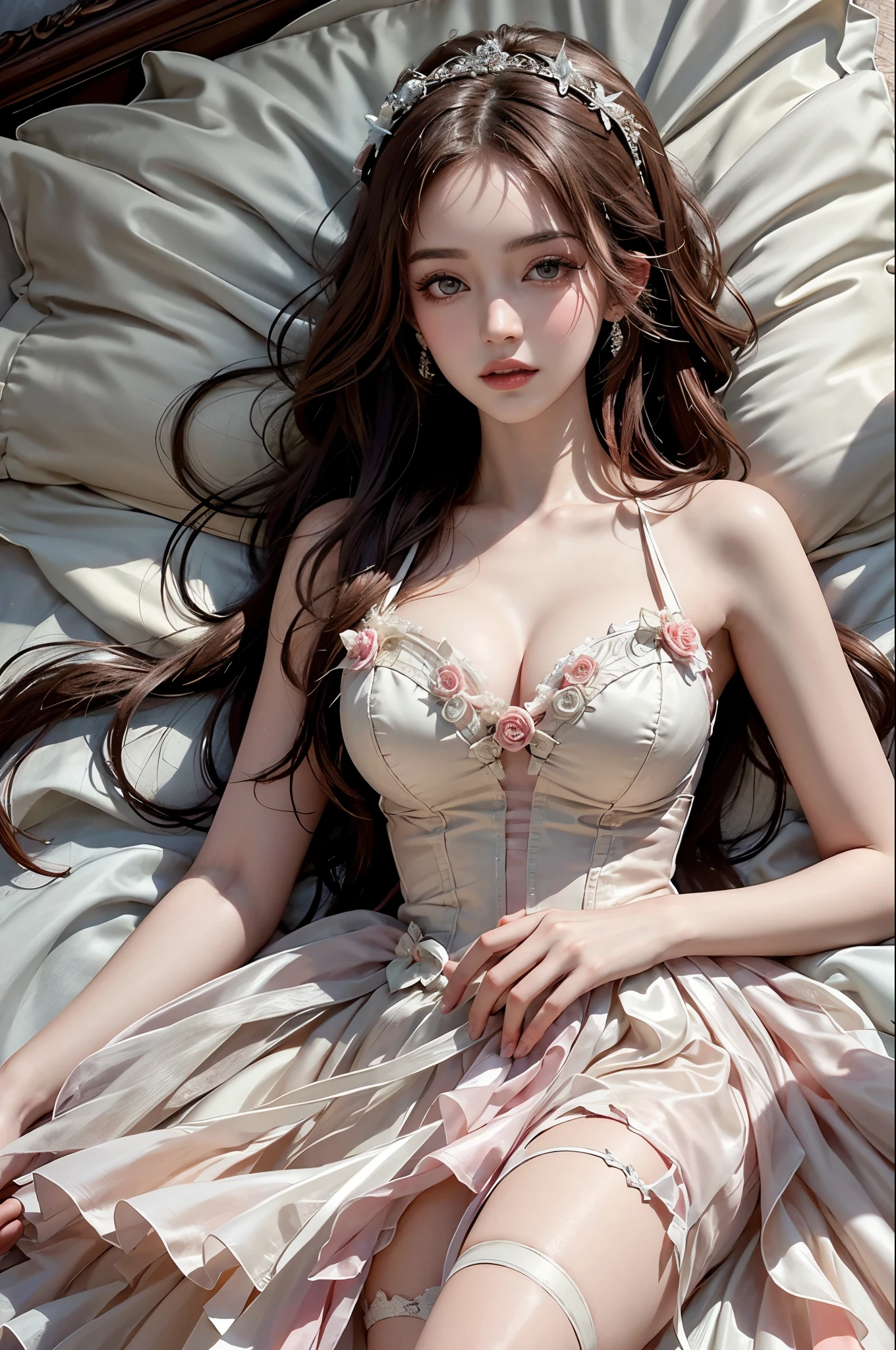 Romantic Rosette dress2, Best quality,Ultra-detailed,Realistic,A high resolution,Portrait,Beautiful woman, Palatial bed,ornate bed,Flawless makeup,suns rays,Beauty,elicate and refined,Stunning,