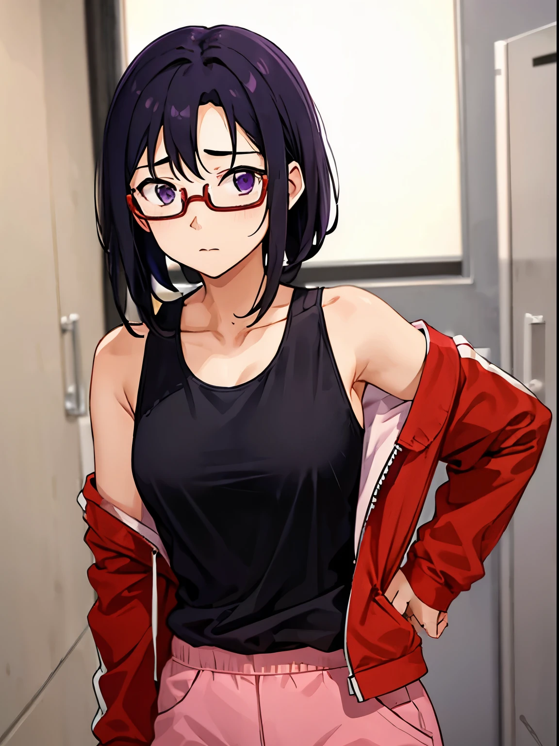 1girl, satou sakie, black hair, purple eyes, glasses, red track jacket, black tank top, open clothes