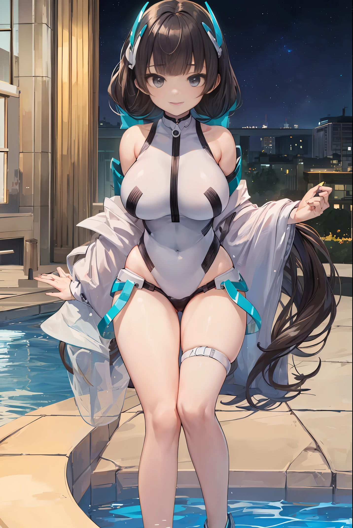 top-quality、Full limbs、complete fingers、1 female、Beautiful 25 year old sister、((Perfect blue and red competitive swimsuit))、Raw feet、A big smile、(poneyTail:1.3)、Medium hair、(shiny black fine hair:1.2), ((Perfect female body))、perfectly proportionasutepiece, Best Quality: 1.2)、(Ultra detailed CG unified 8k wallpaper: 1.2), (hyper-sharp focus: 1.5), (Ultra Sharp Focus: 1.5)、(Beautiful pretty face: 1.3)、(hyper detailed background, Detail Background: 1.3)、hyper realistic photography、Hyper Sharp Image、Hyper Detail Image、luxury hotel、Huge pool on the roof of the hotel、Night Pool、Lit up、starrysky、nighttime scene、is standing、sexypose