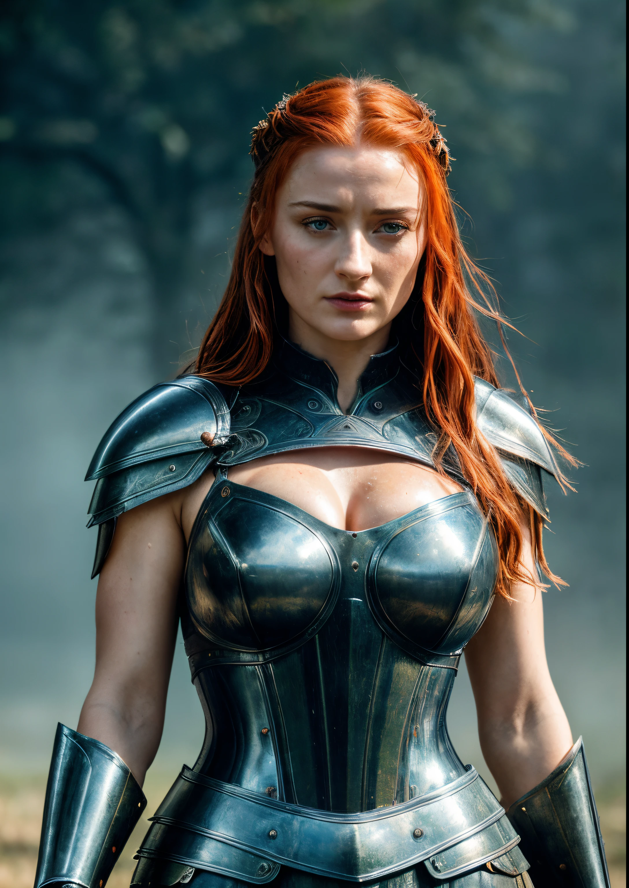 Day time, cloudy weather, Sansa Stark, erotic Gladiator costumes, fighting position, holding up a battle sword , brightened face,detailed armpits, full body shot,Mediaeval epic Battlefield background,erotic warrior costumes,standing alone,post battle,fierce gazing eyes,battle movie scene,cinematic colour grading,Sansa Stark PLAYED BY Sophie Turner,Queen SANSA STARK,mature,milf, sexy mediaeval battle dress,gladiator woman,body,45 yo Woman,revealing costumes,perky breast,alluring figure,big natural breast,mediaeval costumes,mediaeval queen dress,erotic costumes,lusty physique,((detailed face)), ((detailed facial featureinely detailed skin), pale skin,(in a highly detailed sexy mediaeval dress,soft natural light,wet skin,(cool colors), damp, reflectionasterpiece) (perfect aspect ratio), (realistic photo), (best quality), (detailed) photographed on a Canon EOS R5, 50mm lens, F/2.8, HDR, (8k) (wallpaper) (cinematic lighting) (dramatic lighting) (sharp focus) (intricate), RAW photo, RAW photo, gigachad photo,8k uhd, dslr, high quality, film grain, Fujifilm XT3, extremely detailed,photorealistic, realistic,incredibly absurd, highly detailed, sharp focus,(Professional Studio Lighting),(Professional Color Grading), Edge Lighting,Dramatic lighting,Cinematic lighting,Lumen reflections, Soft natural lighting, Soft color, Photon mapping, Radiosity, (Beautiful eyes), (Detailed eyes),  (Detailed face), symmetrical eyes, sharp eyes, cold face, full body), (HIGH LEVEL OF DETAIL),(wet, oil-lubricated),(sweaty),large breasts, high detailed skin, uncharacterized texture, hyper detailed, realistic skin texture, armor, best quality, ultra high res, (photorealistic: 1.4) high resolution, detailed, raw photo, sharp re, by lee jeffries nikon d850 film stock photography 4 kodak portra 400 camera  F1.6 Lens rich colors hyper realistic texture dramatic lighting UnrealEngine trend in Artstation Cinestill 800, veins in the body, (body and fitness).