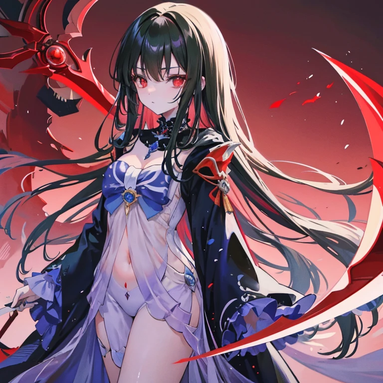 gazing at viewer、knight wearing armor、Wearing a black robe、Red Eyes、Wearing a red aura、Holding a scythe、Fantasticalな背景、Pretty Woman、Best image、​masterpiece、Fantastical、