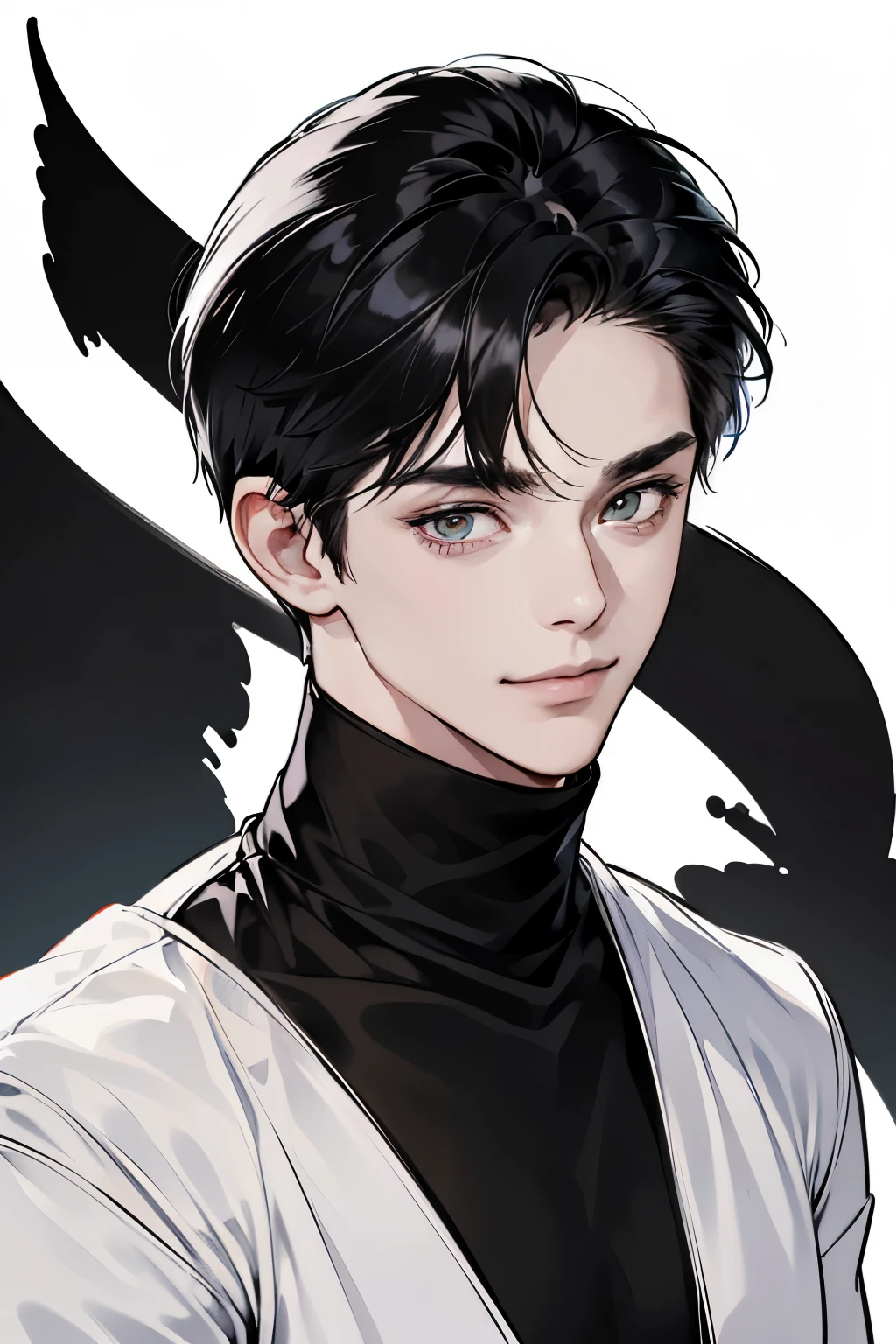 best quality, high resolution, clean background, high contrast, (((1boy:1.1))), line-drawing, sketch, ((tight medium shot))), white background, clean line drawingringe hairstyle), (naughty face), smile face, (((allblack-turtleneck))), (((dark-haired)))), (Mashed Hair), ((dark-eyescolor:1.5)), white skin,