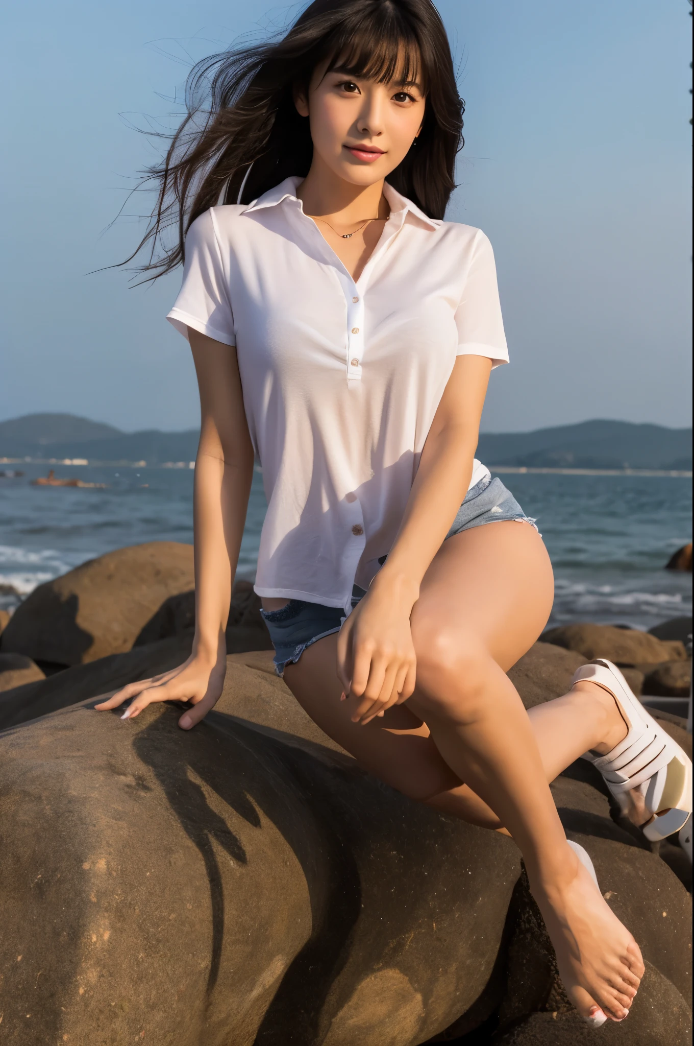 High quality, masterpiece, 8k, (1 girl, two ponytails), (sit reclining on a rock, seaside, sea, waves), smile, (professional wear, white t-shirt, butterfly pattern, rose, white shorts, white stockings, white sneakers, thin and breathable material), summer, cool, seawater, waves, Gulangyu Island