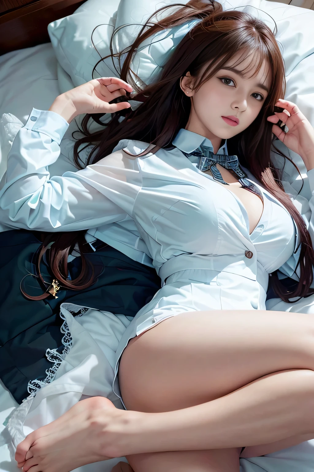 ((Girl lying on bed with head up)),(A hyper-realistic)、(illustratio)、(hight resolution)、(8K)、(ighly detailed)、(ベストillustratioレーション)、(beautifully detailed eyes)、(top-quality)、(ultra-detailliert)、(​masterpiece)、(wall-）、（A detailed face）、独奏、1 girl in、looking at viewert、fine detailed、A detailed face、in the darkness nigth、deep-shadows、lowkey、pureerosfaceace_、long、Black shawl straight hair、46-point diagonal bangs,female students、(White Blazer、emblem on breasts)、Translucent white blouse、red bowtie、(Miniskirts in bright colors,Plaid)、M Character Opening Leg: White panties: 1.5, スカートの下からパンツが見えるlongい脚: 1.2,,8K, Best Quality, Ultra high definition, masutepiece, Realistic, Photorealistic, High contrast, Photon mapping, Real Image, Super Detail, low angles: 1.5, 1 girl, 独奏で: 1.5, Full body, Kepop Star, Kepop Idol, dress up like kpop, A sexy, Bare legged, high-heels,, Textured skin