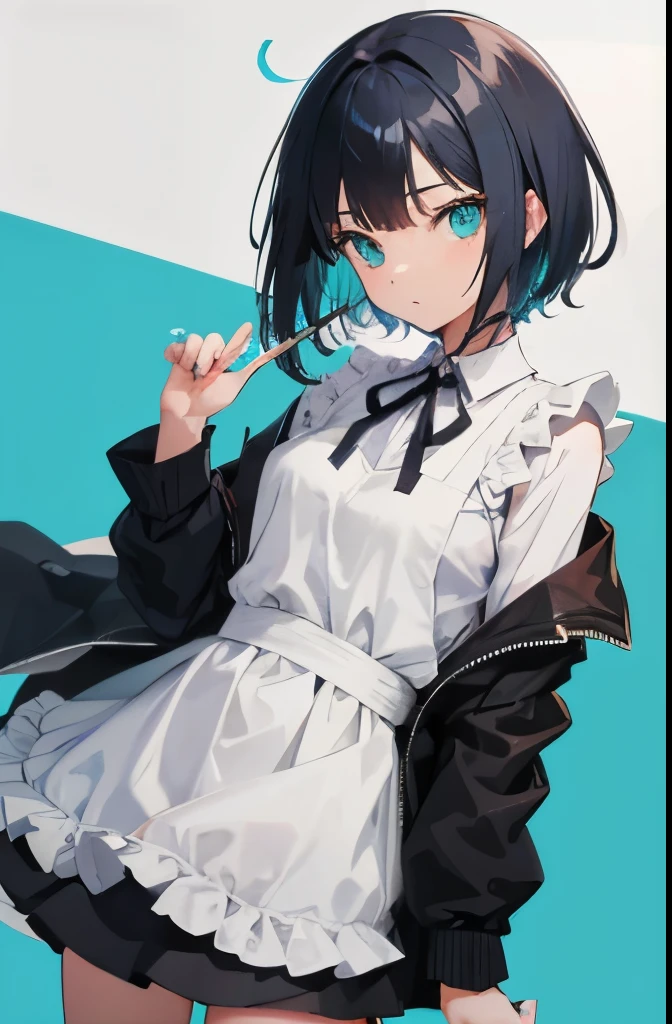 (masutepiece:1.2, Best Quality), [1 girl in, expressioness, (Turquoise eyes;1.3), front facing, jet-black hair, half short cut hair,straight hair, Jacket is taken off, Cafe Apron,black frill skirt,] cowboy shot,