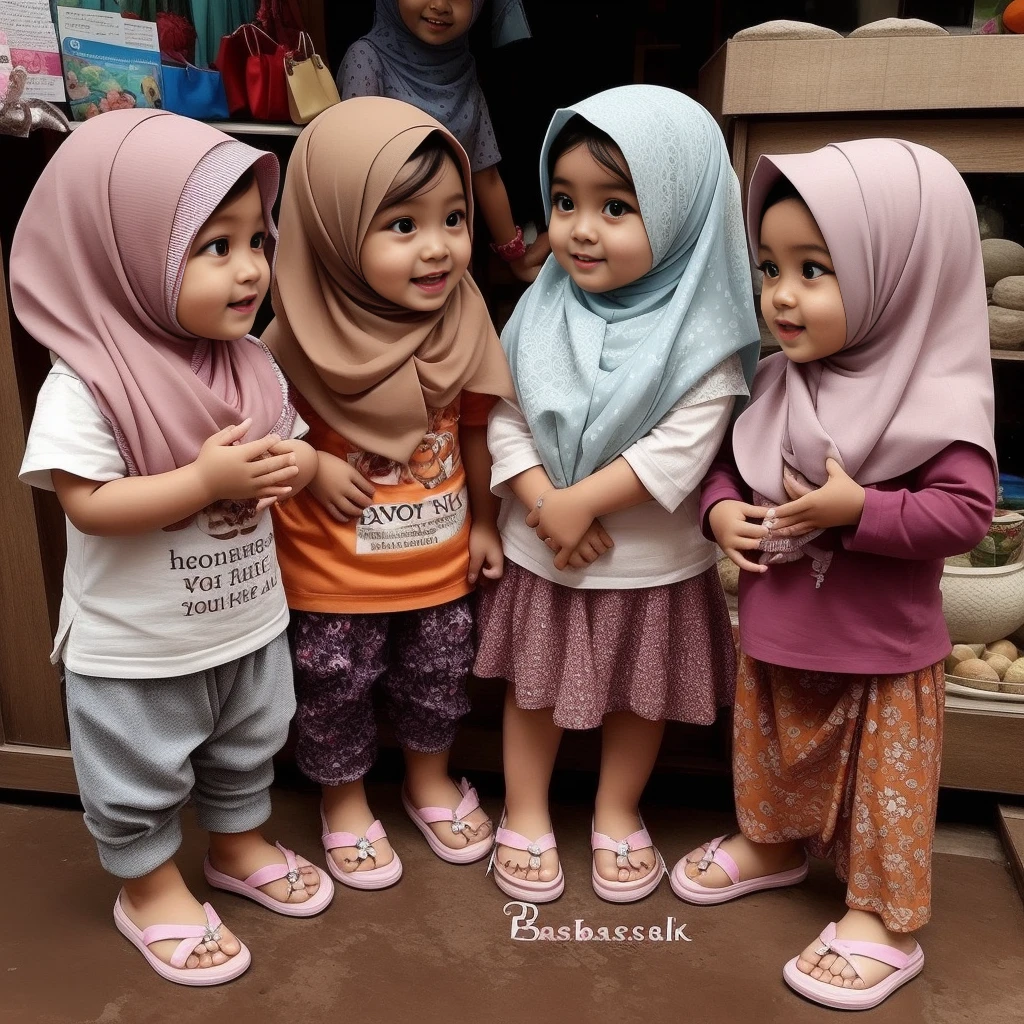 three little girls in hijabs are standing in front of a store, hana alisa omer, cute girls, kid, cute:2, lovely and cute, by Basuki Abdullah, very cute and childlike, by Ibrahim Kodra, cute adorable, perfect expression, cute and lovely, cuteness, beautiful girls, cute expression, hijab, beautiful cute, cute woman, indonesia