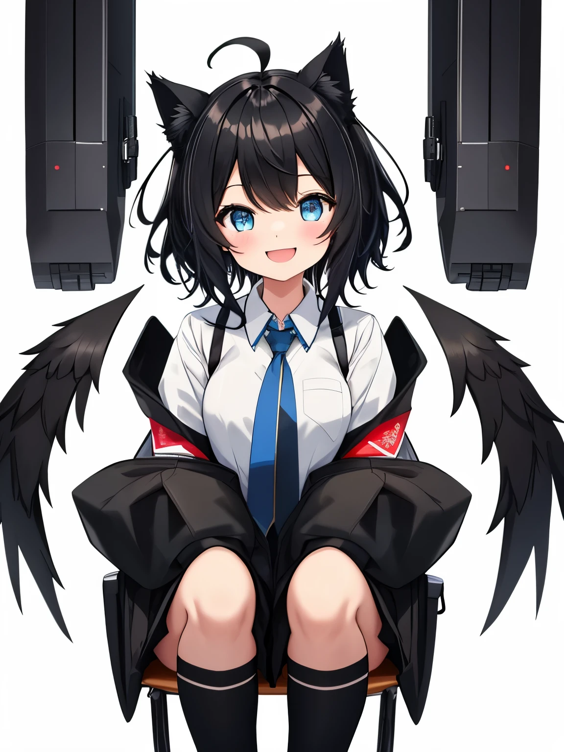 1girl with, Open mouth, Smile, Virtual Youtuber、girl with、((Best Quality, high_resolution, Distinct_image)),(Black hair), (Black cat ears), (Ahoge), (absurdly short hair), (Wavy Hair), (Blue eyes),、A smile、((concept-art))、Dressed in student uniform。wore a tie((Arms at sides))((Upright))、独奏、Girl with 1 person、above knee、White background、symple background、Front-facing。Lori。Gamine。Mini。