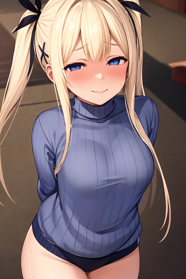 (masterpiece, high quality, highres:1),1girl,solo,breasts,simple background,false smile,standing,sweat,fog,sweater, marie rose, flustered,panicking,rushing,long hair,forced smile,half-closed eyes,plump,arms behind back,ntrgao,dark,shaded face,despair ,(blue eyes ,blonde hair), from above,
