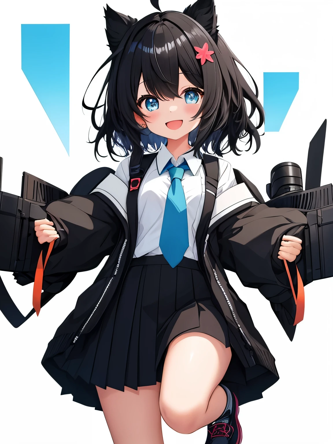 1girl with, Open mouth, Smile, Virtual Youtuber、girl with、((Best Quality, high_resolution, Distinct_image)),(Black hair), (Black cat ears), (Ahoge), (absurdly short hair), (Wavy Hair), (Blue eyes),、A smile、((concept-art))、Dressed in student uniform。wore a tie((Arms at sides))((Upright))、独奏、Girl with 1 person、above knee、White background、symple background、Front-facing。Lori。Gamine。Mini。