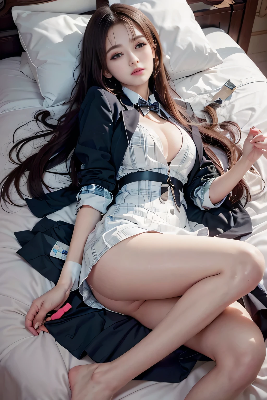 ((Girl lying on bed with head up)),(A hyper-realistic)、(illustratio)、(hight resolution)、(8K)、(ighly detailed)、(ベストillustratioレーション)、(beautifully detailed eyes)、(top-quality)、(ultra-detailliert)、(masterpiece)、(wall-)、(A detailed face)、独奏、1 girl in、looking at viewert、fine detailed、A detailed face、in the darkness nigth、deep-shadows、lowkey、pureerosfaceace_、long、Black shawl straight hair、46-point diagonal bangs,female students、(White Blazer、emblem on breasts)、Translucent white blouse、red bowtie、(Miniskirts in bright colors,Plaid)、M Character Opening Leg: White panties: 1.5, スカートの下からパンツが見えるlongい脚: 1.2,,8K, Best Quality, Ultra high definition, masutepiece, Realistic, Photorealistic, High contrast, Photon mapping, Real Image, Super Detail, low angles: 1.5, 1 girl, 独奏で: 1.5, Full body, Kepop Star, Kepop Idol, dress up like kpop, A sexy, Bare legged, high-heels,, Textured skin