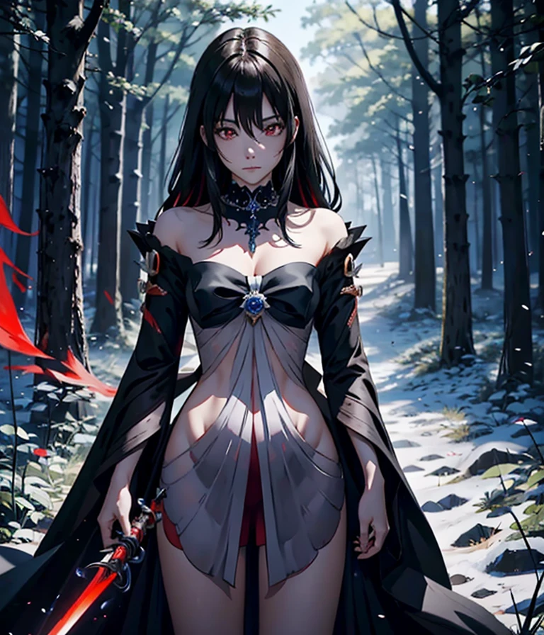 gazing at viewer、Knight in armor、Wearing a black robe、Red Eyes、Wearing a red aura、holding a two - handed sword、Fantasticalな背景、Pretty Woman、Best image、masterpiece、Fantastical、