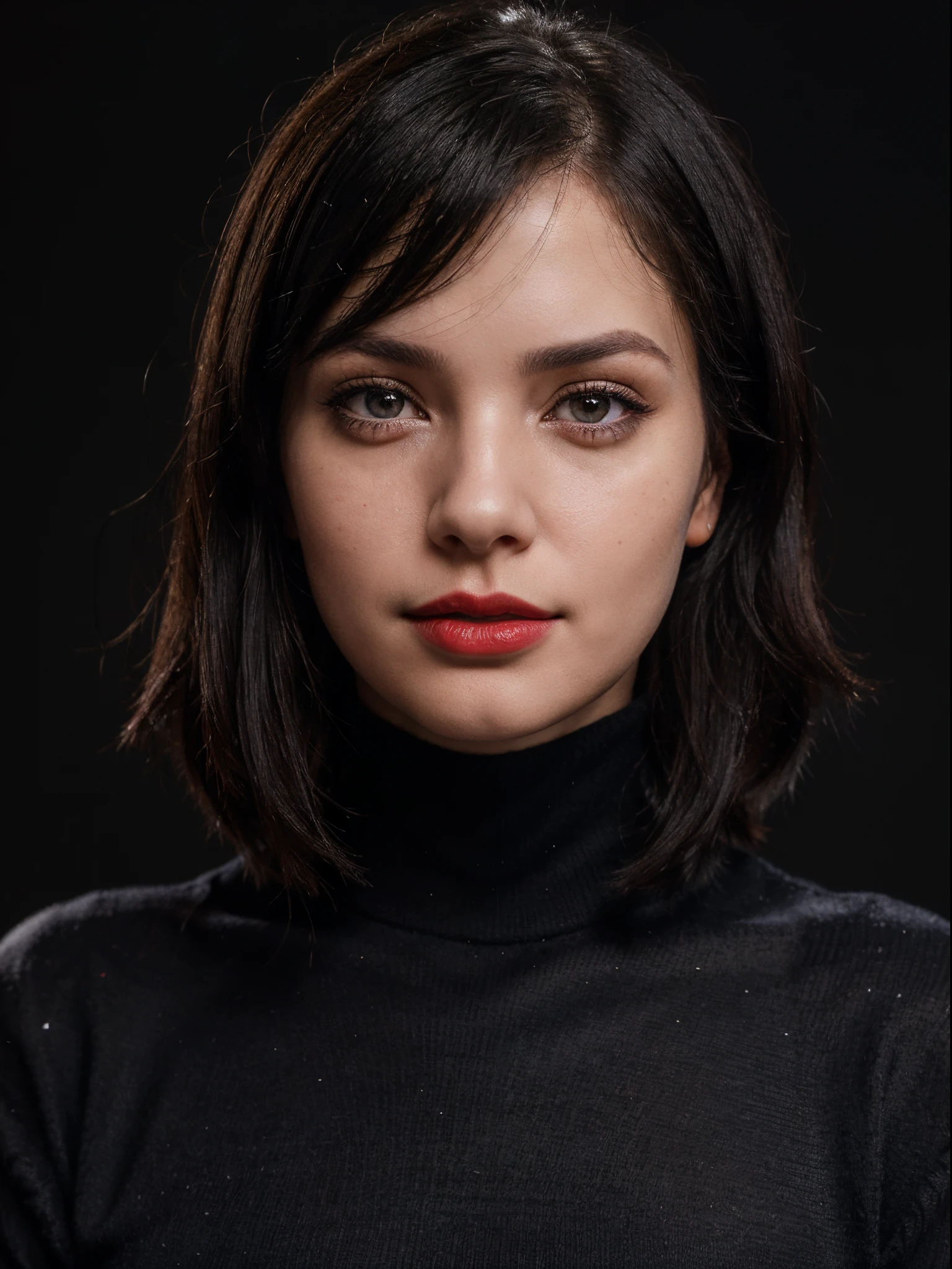 Close-up portrait photography, Bokeh background, female, black hair, heterochromia eyes, black turtleneck, red lipstick, facing the viewers, ID photo style, half body, 50mm F1.7, hyper realistic, detail, 25 years old, black background, plain background, black in the back