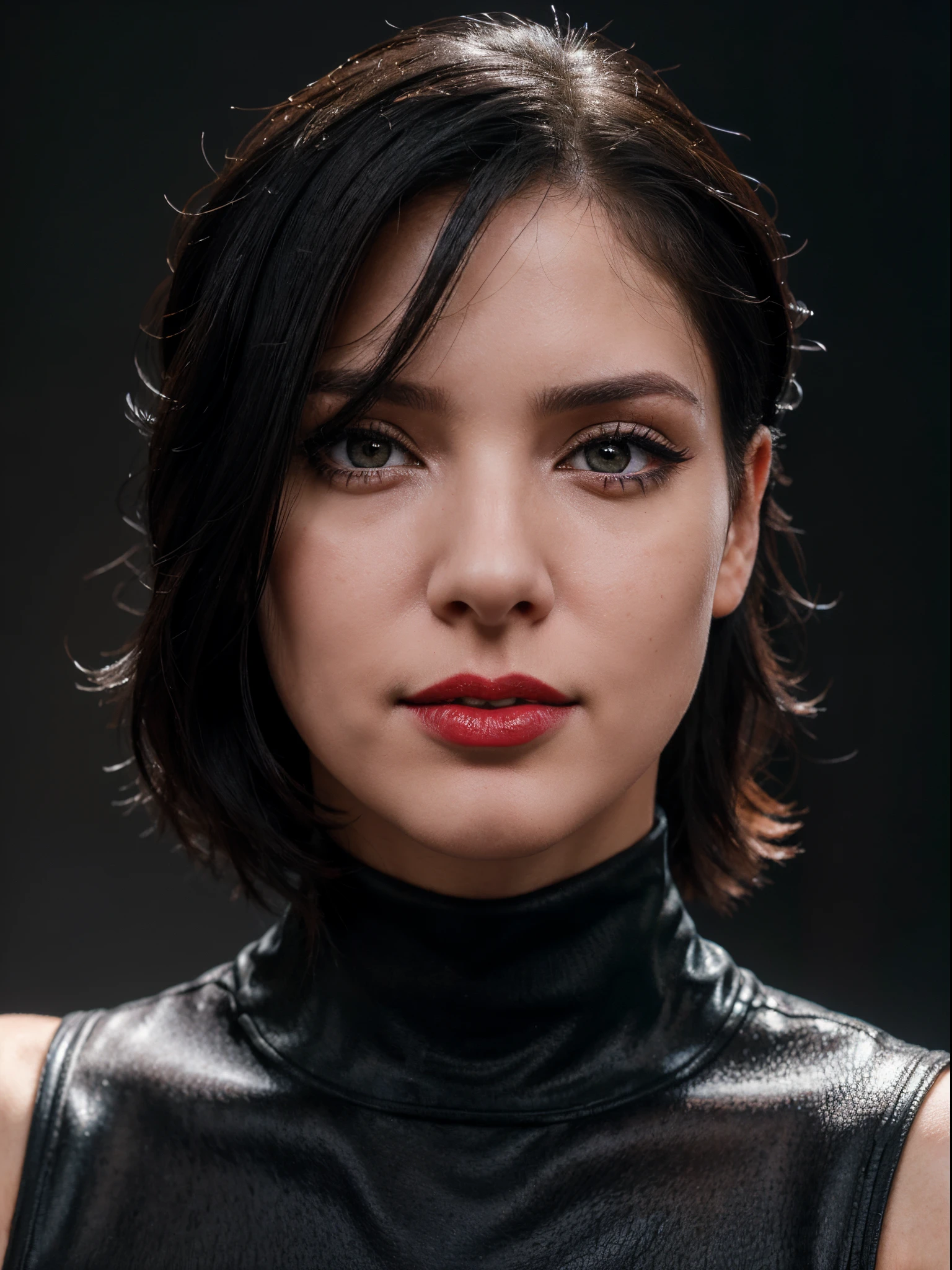 Close-up portrait photography, Bokeh background, female, black hair, heterochromia eyes, black turtleneck, red lipstick, facing the viewers, ID photo style, half body, 50mm F1.7, hyper realistic, detail, 25 years old, black background, plain background, black in the back