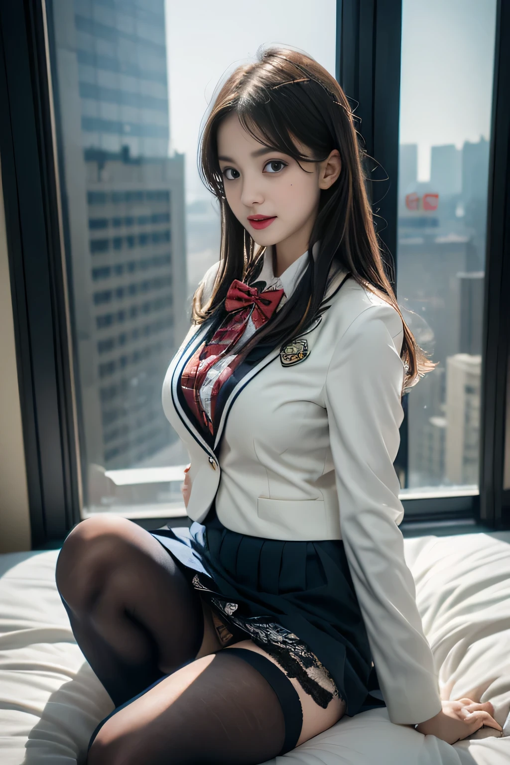 ((Female student sitting on bed )),Charming eyes,Heartwarming action,Turn your face away from the camera,stooped,Bend over,turn back,Look up at your head,thick and long black hair,Highly detailed body,Highly detailed face,best qualtiy、(P boobs iNK underwear),(High School Girls),((White Blazer、emblem on breasts))、((Translucent blouse)),((red bowtie)),((navy check flare skirt)),(Black stockings)、((Outside the window, Hazy skyscrapers)),((White lace panties are visible))