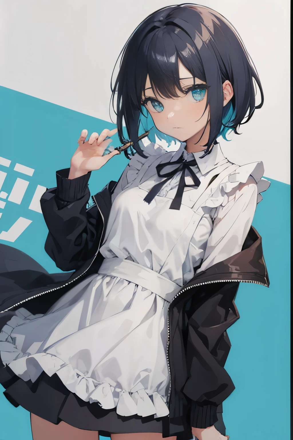 (masutepiece:1.2, Best Quality), [1 girl in, expressioness, (Turquoise eyes;1.3), front facing, jet-black hair, half short cut hair,straight hair, Jacket is taken off, Cafe Apron,black frill skirt,] cowboy shot,