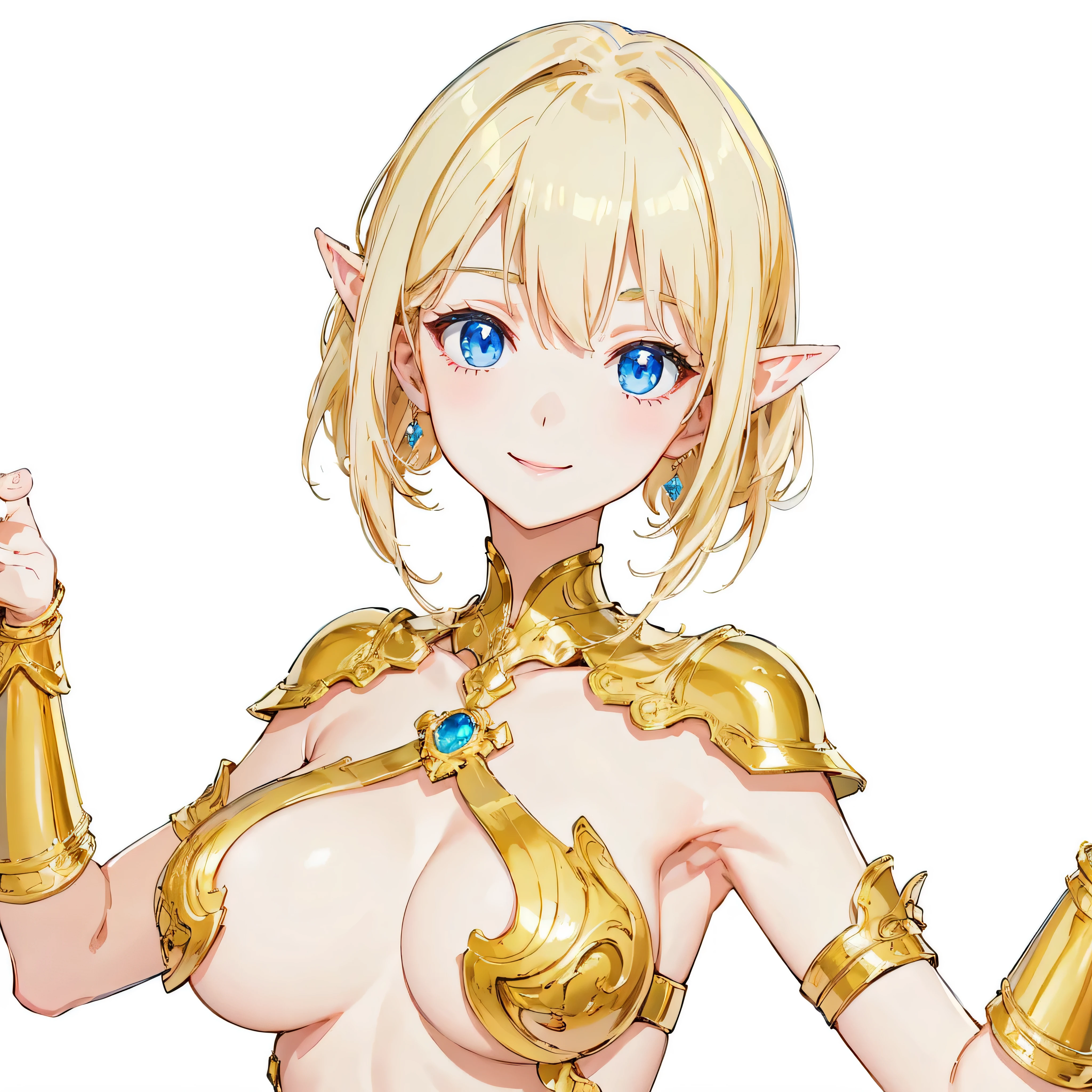 masterpiece、top-quality、ighly detailed、hight resolution、16k、fullnude、teats、Teetoob proportions、golden armour、Very thin skirt、Black pants、Very white skin、Beautiful fingers、Anime girl with very big breasts posing naked、Perfect Style、elvish、no-bra、Blonde blue-eyed、A smile、elvishの女の子、slim the contours