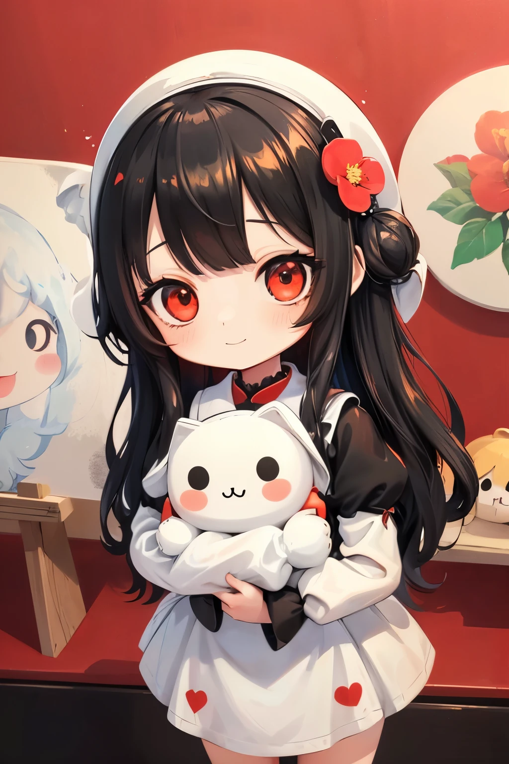 photoRealstic、((use white, black and red))、Soft vinyl doll standing in front of a painting、A smile、Water droplets on the cheeks、In a cute pose、(High Definition Figure)、up of face、Eye Up、Colorcon with heart pattern、There are also flowers in the foreground...、season!!: 夏天☀ 🍂