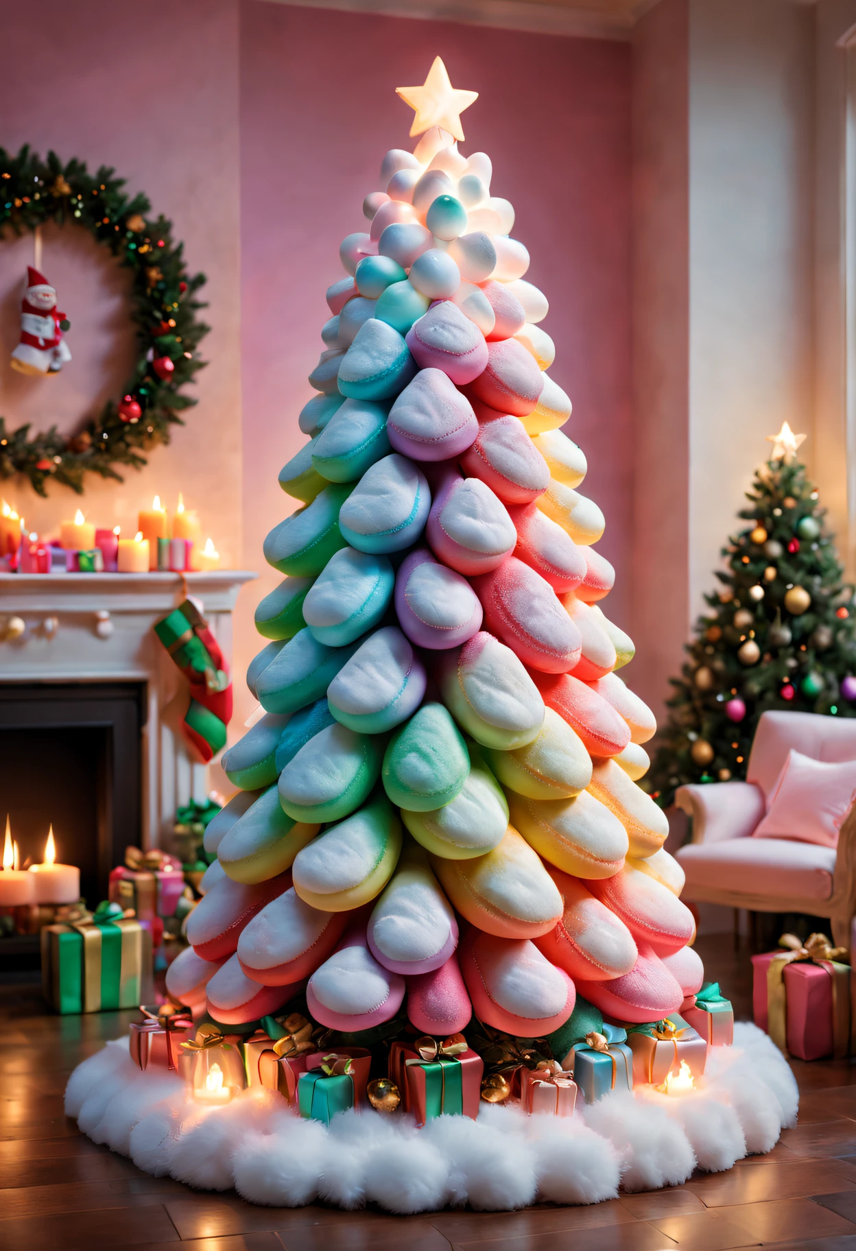 Fluffy Marshmallow Christmas Tree,(Best quality,4K,8K,A high resolution,tmasterpiece:1.2),ultra - detailed,(actual,realistically,realisticlying:1.37),Sweet,vivd colour,whimsically,Huge tree,sugar coated leaves,imagining,Interesting,Light and ventilation,enjoy,dream-like、edible、indulgent、Tall、Pleasant、mind-blowing、rainbowing、Candy heaven,Sparkling ornaments,delicious lollipop,Shining Christmas lighive decorations,In a room full of colorful gifts, Surrounded by warm fairy lights and candles, Vibrant and pastel colors, diffuselighting