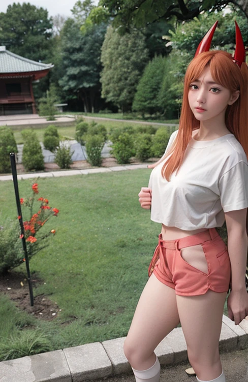 Masterpiece, best quality, full body of Power ((chainsawman)), 1girl, big breast, solo, small red horn, white shirt, black long pants, red long hair, red hair, blush cheek, standing,huge breast, looking at viewer, japanese castle background, ultra detailed, realistic