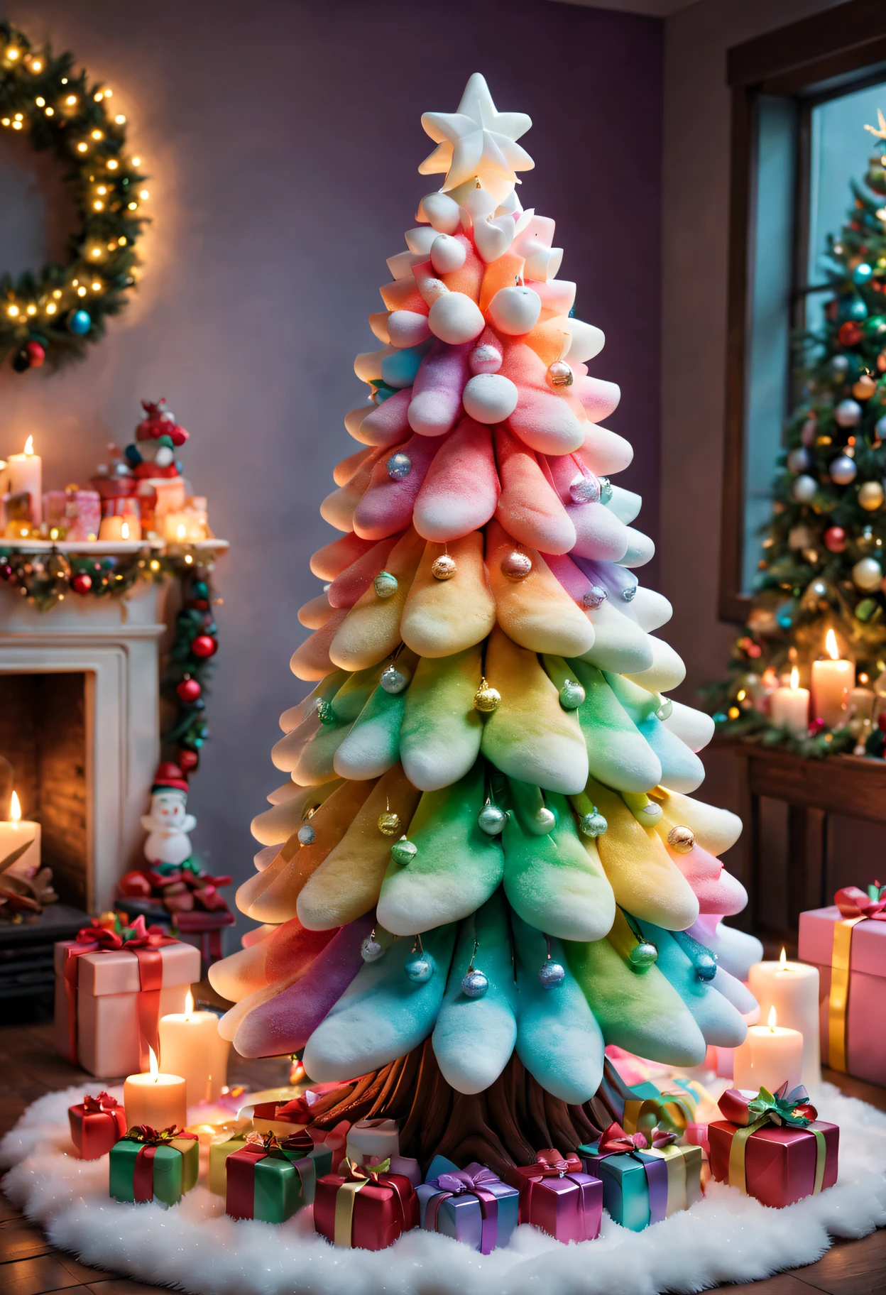 Fluffy Marshmallow Christmas Tree,(Best quality,4K,8K,A high resolution,tmasterpiece:1.2),ultra - detailed,(actual,realistically,realisticlying:1.37),Sweet，vivd colour，whimsically，Huge tree，sugar coated leaves，imagining，Interesting，Light and ventilation，enjoy，dream-like、edible、indulgent、Tall、Pleasant、mind-blowing、rainbowing、Candy heaven，Sparkling ornaments，delicious lollipop，Shining Christmas lighive decorations，In a room full of colorful gifts, Surrounded by warm fairy lights and candles, Vibrant and pastel colors, diffuselighting