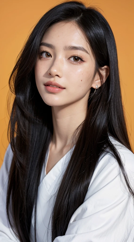 masterpiece, best quality, {best quality}, {{masterpiece}}, {highres}, focus, anime style, a closeup of a cartoon of a woman, girl design, portrait, giesha, anime image, long hair, black hair, straight eyes, hair covering ears, happy, polished and powerful look, exotic, tall, freckles, smiling, chic, colorful, colors