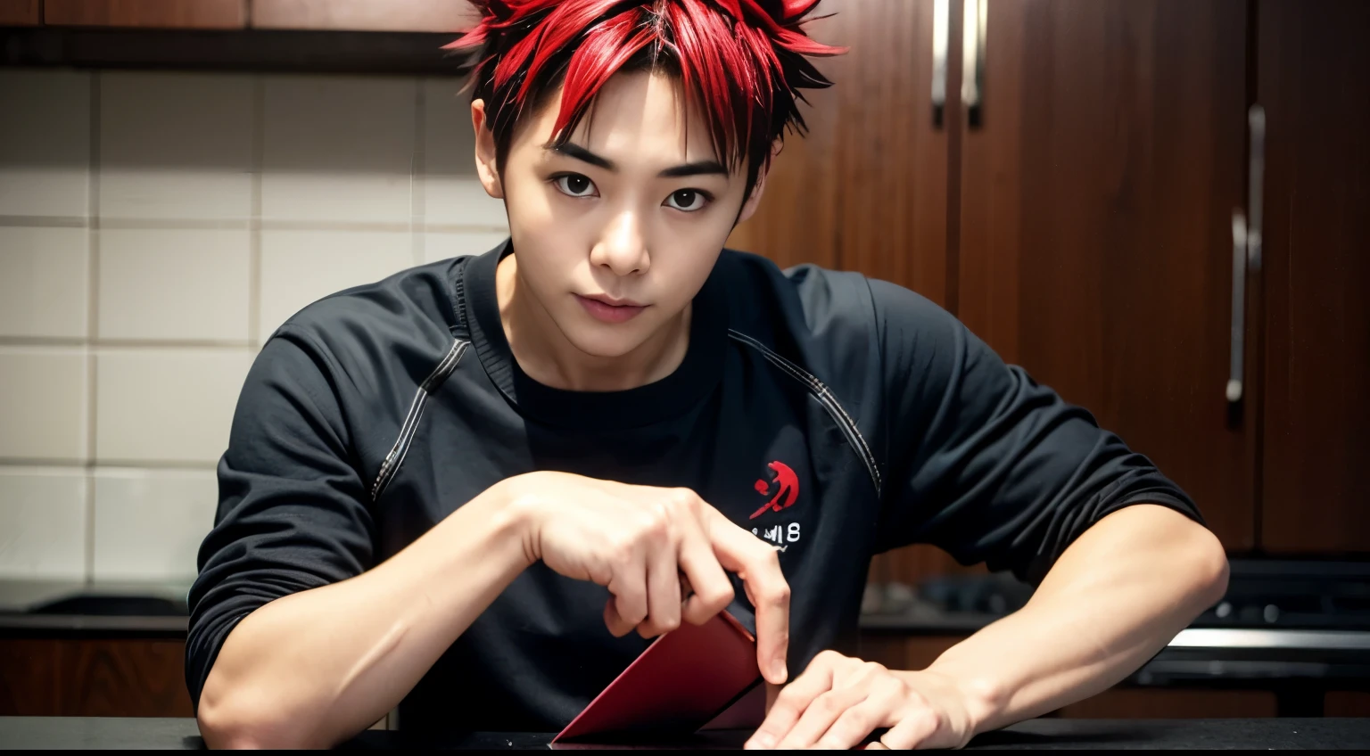 masterpiece, best quality, high quality, 1boy, solo, male focus, looking at viewer, upper body, yukihira_souma, red_hair, spiked_hair, black shirt, kitchen, cooking