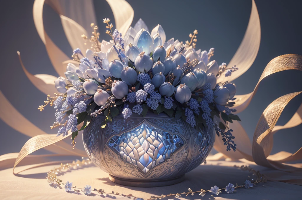 (Best quality, ultra-detailed, realistic: 1.37, countless crystal fruits on the vine, intricate detailquisite craftsmanship, light blue and white, stunning lighting, artistic shots, close-ups