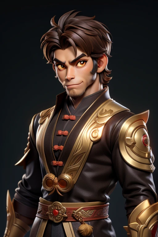 masterpiece, best quality, 1 monkey boy, glowing golden eyes, brown fur, handsome face, Chinese clothes, simple background, solo, upper body
