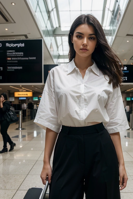 An ultra-realistic photograph captured with a Sony α7 III camera, equipped with an 85mm lens at F 1.2 aperture setting, showcasing a A 21-year-old woman, model, weighing 54 kilograms or 119 pounds, with a square face shape, black hair standing confidently in the bustling atmosphere of an airport terminal. wearing dark green Palazzo Pants. and white oversized shirt. The background is a blend of architectural lines, bustling travelers, and large windows revealing aircraft on the tarmac. Soft airport lighting bathes the scene, adding a modern and dynamic touch. The image, shot in high resolution with a 16:9 aspect ratio, captures the subject’s strength and elegance amidst the travel hustle with stunning realism –ar 16:9 –v 5.2 –style dynamic.