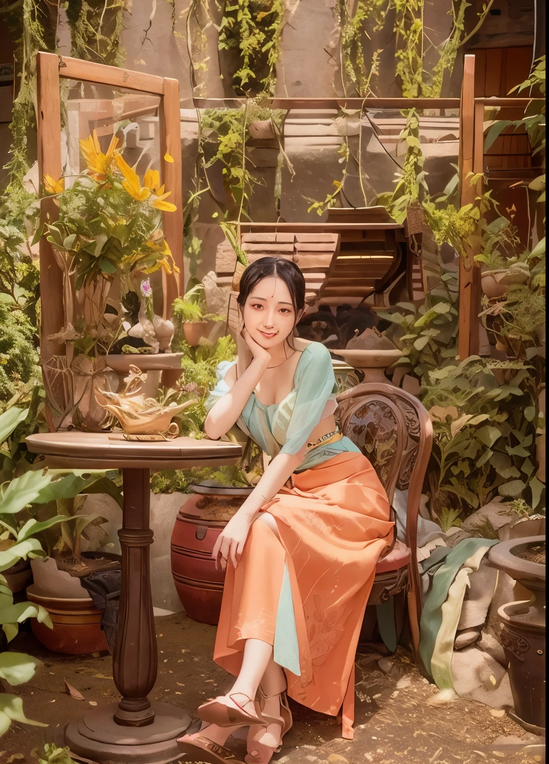 arafed woman sitting at a table in a garden with potted plants, in garden, with ivy, with a garden, in the garden, mid shot portrait, in a garden, a young asian woman, dilraba dilmurat, sitting in the garden, inspired by Ni Yuanlu, next to a plant, sitting with flowers, full body photogenic shot