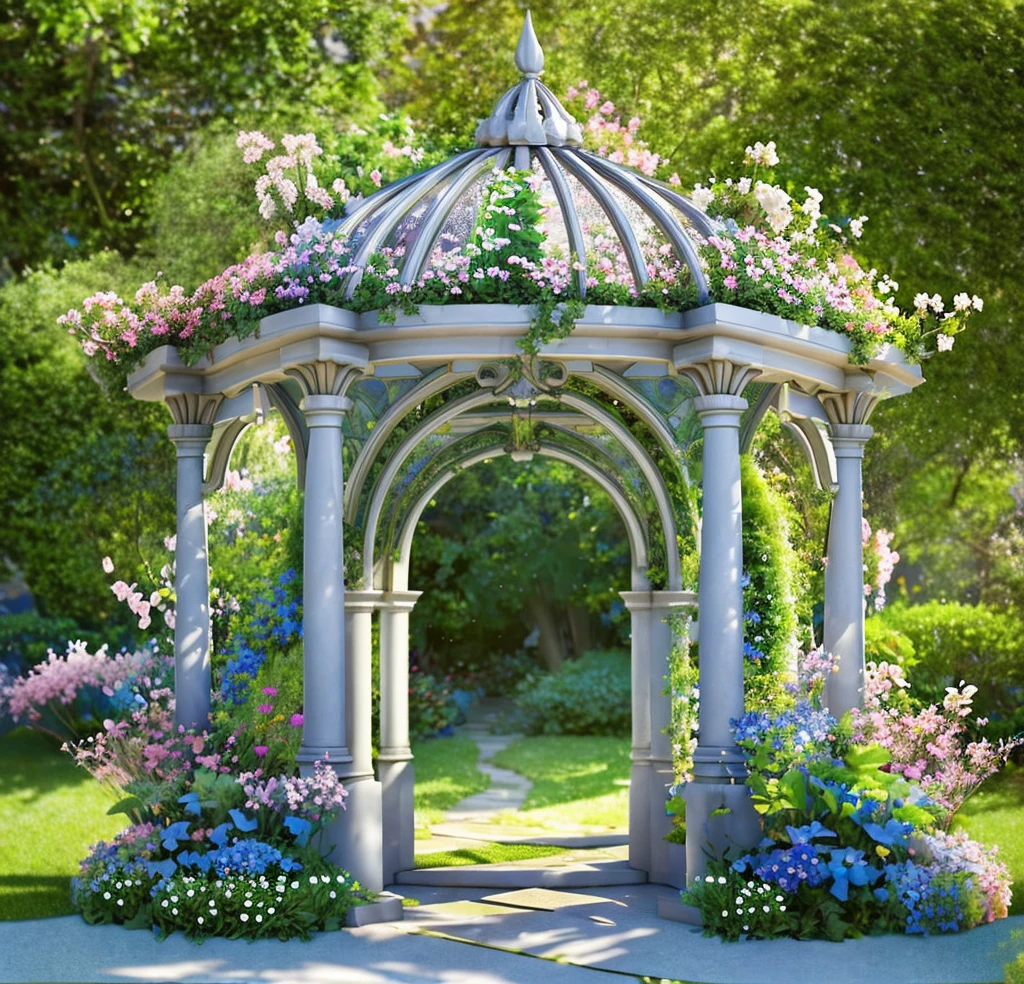 There is a gazebo，full of flowers and vines, royal garden background, beautiful render of a fairytale, , beautiful high resolution, Garden background, dreamy and detailed, Detailed landscapes, background artwork, high detal), well rendered, floral environment, pillars, Beautiful images, realistic garden, gazebo, arbor