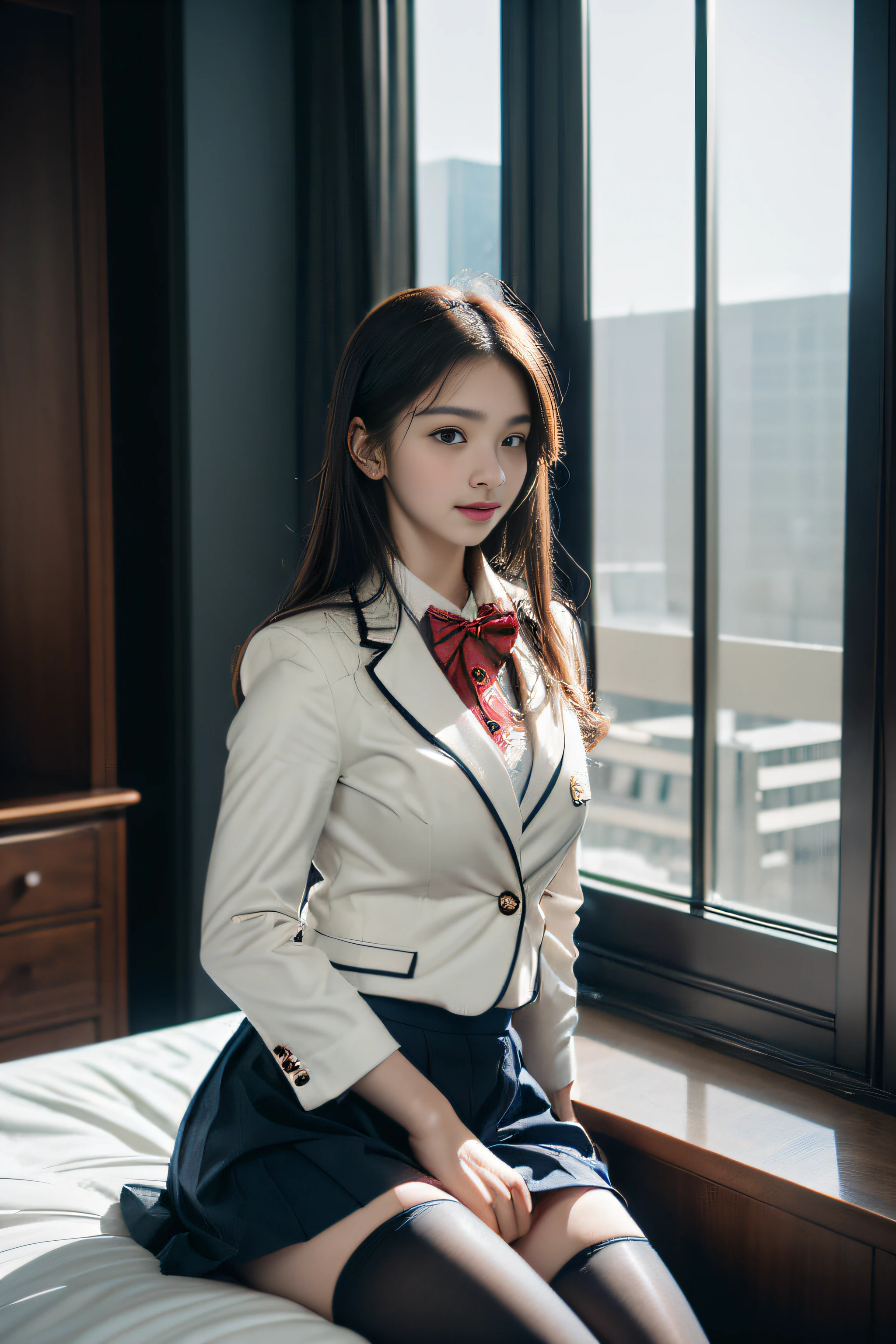 ((Female student sitting on bed )),Charming eyes,Heartwarming action,Turn your face away from the camera,stooped,Bend over,turn back,Look up at your head,thick and long black hair,Highly detailed body,Highly detailed face,best qualtiy、(P boobs iNK underwear),(High School Girls),((White Blazer、emblem on breasts))、((Translucent blouse)),((red bowtie)),((navy check flare skirt)),(Black stockings)、((Outside the window, Hazy skyscrapers)),((White lace panties are visible))