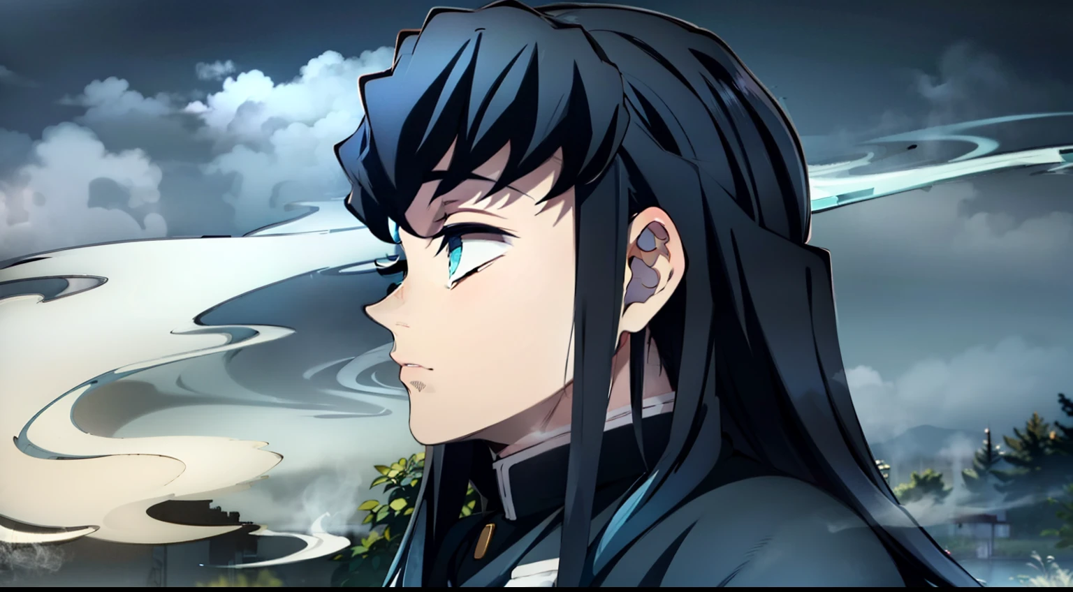 close up, ember, black hair, Ghost, Dark, gotik, Ultra Detailed, blue transparent smoke around, realistic style, Old Night Pond, full - body, Man in black robe, Tying your hair、Sword in hand.Kasumi、Fog in the background、haze in the background