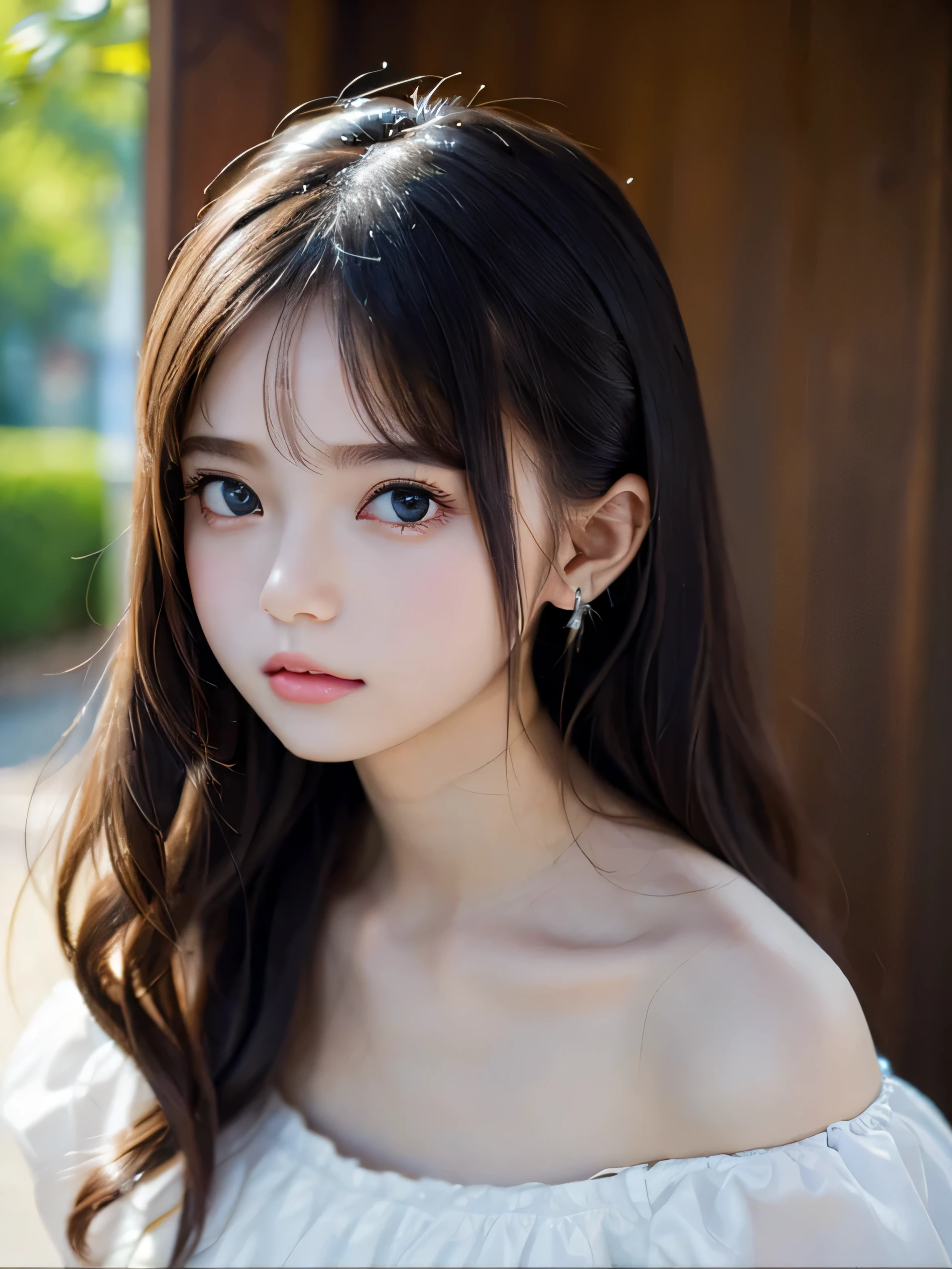 Image from chest up:1.6)、Close-up portrait of a girl wearing only a white off-shoulder top dress and earrings, soft portrait shot 8 k, lovely delicate face, high-quality 4k portrait, high quality portrait, soft flawless pale skin, 8K highly detailed face, なBeautiful fece繊細な顔, Beautiful fece光の大きな目, beautiful and realistic faces, Beautiful fece18Year old girl, beautiful and realistic faces, cute little18Year old girl