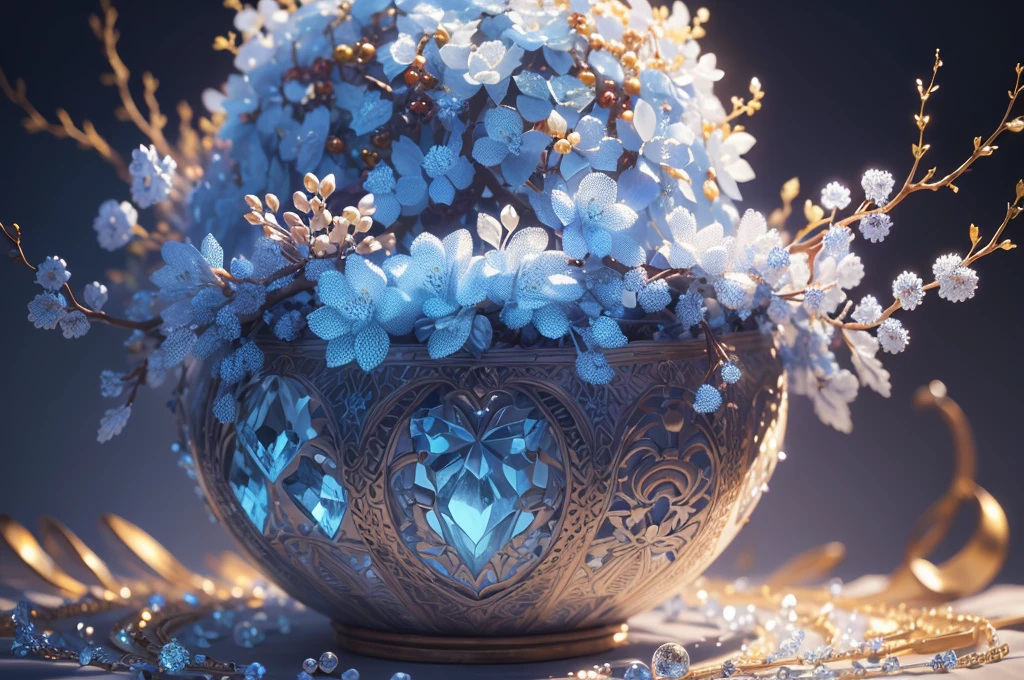 (Best quality, ultra-detailed, photorealistic: 1.37, numerous crystal fruits on vines, towering vines of magical plants, intricate details), light blue and white, stunning lighting, artistic shot, close-up