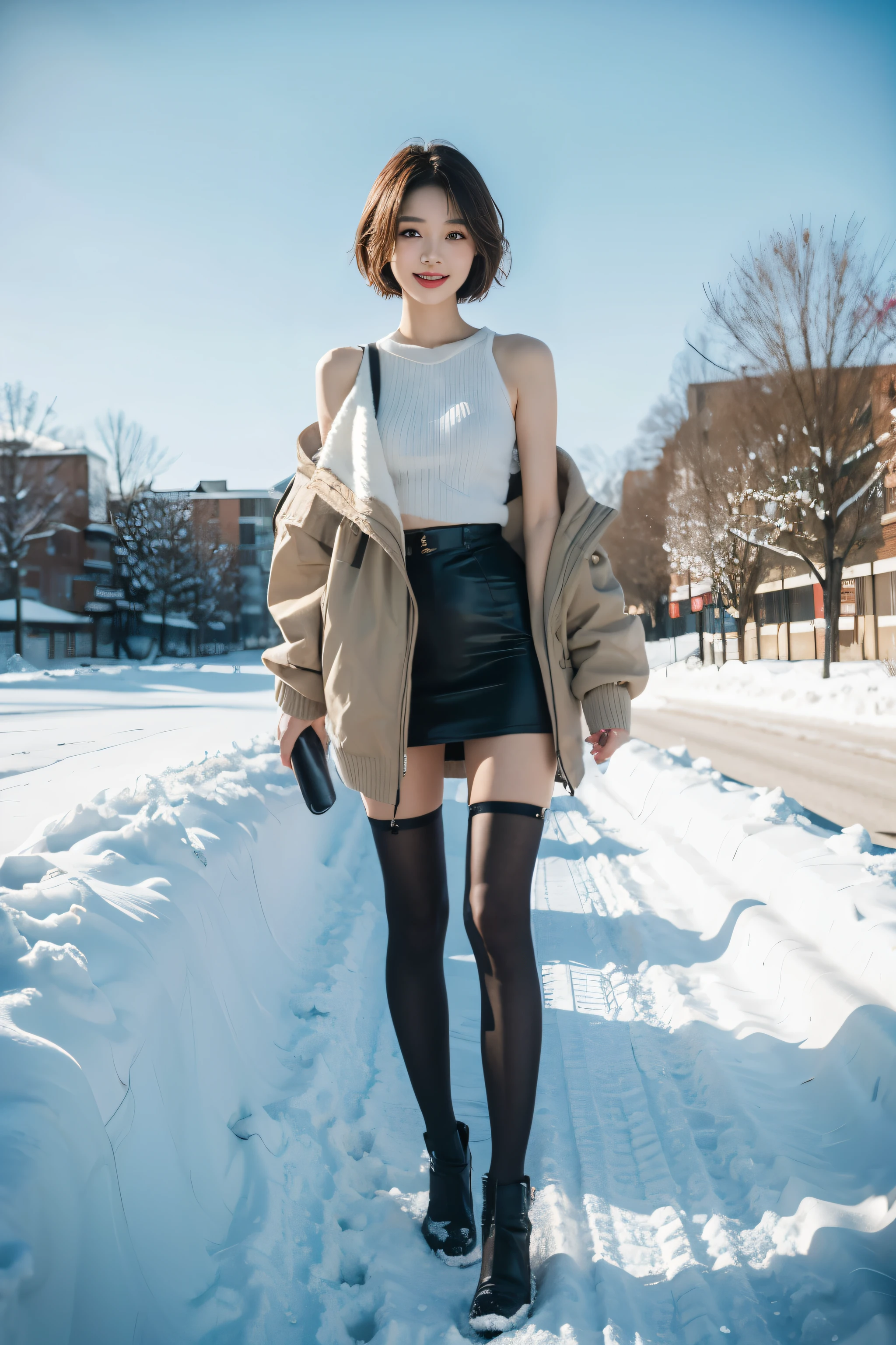 Best quality, 4K, 8K, Detailed faces, Clear face, fully body photo,beuaty girl, Korean makeup, Redlip, Smilingly, perfect body figure,shoulder-length short hair,small,legs long,Slim,thin, Sweaters, Under the jacket is a top tube and black stockings, lower abdom, snow landscape, Winters, the street,