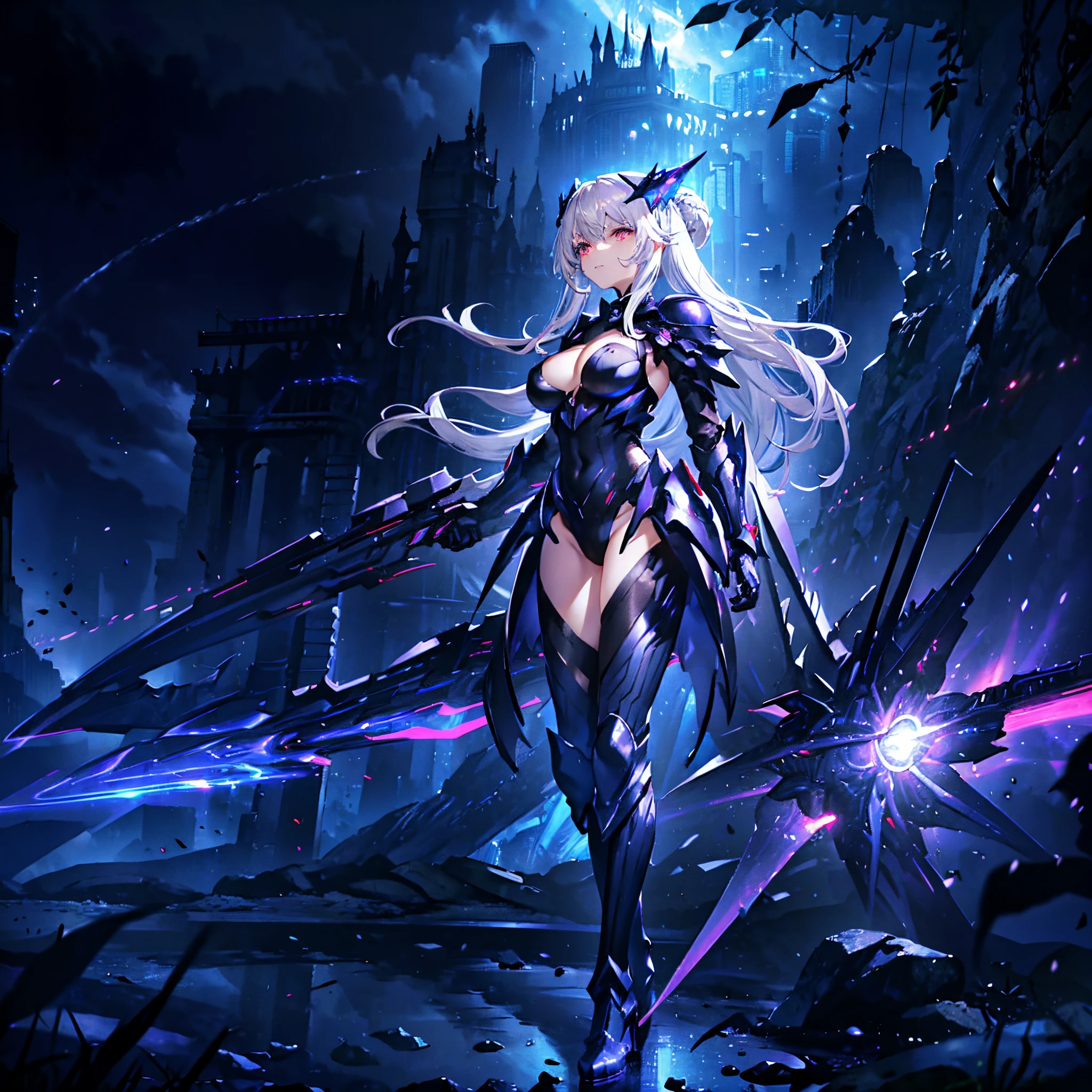 1 girl, solo, short girl, lolita, highly detailed silver hair with purple tips, crystal hair, long wavy silver hair, silver hair with black tips, beautiful deep blue and red eyes, cross-shaped pupils, (eyes exuding red fog), black_fog:1.4, glowing eyes, medium breasts, intricate black and blue futuristic high leotard heavy armour, heavy armour, dark goddess, wearing an alien-like armoured glove, black crown, black and purple thigh-highs, holding bow-like laser weapon, dark futuristic shoes, serious expression, majestic aura, side view, alien-like woods in background, ultra high detailed