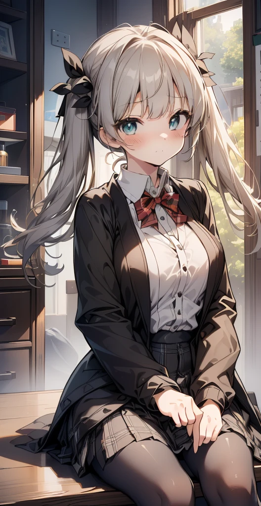 ((On a table, Best quality, A high resolution, north african free trade area, pixel-perfect, depth of fields, 4K, north african free trade area, north african free trade area))), 1 girl in, Single, Alone, Beautiful anime girls, Beautiful Art Style, anime figure, (( Long gray hair, through bangs, dark brown  hair, frizzy hair:0.8)), ((Green-eyed:1.4, 詳細な目, pretty eyes, perfect  eyes,Curly eyelashes, photorealistic eye)), ((Detailed faces, The face is red:1.2)) , ((Soft texture:0.75, Realistic texture:0.5, CG anime style)), mediuml breasts, dynamic angle, plumw, perfect body figure, dynamicposes, ((red bowtie, 校服, black greatcoat, Open jacket, cardigan brown, white  shirt, Black dress, plaid skirts)), ssmile, with her mouth open, place one's arms behind one's back, Leaning forward, ament park, ((Close-up cleavage, Perspectives, Cute big breasts, cum on facial))