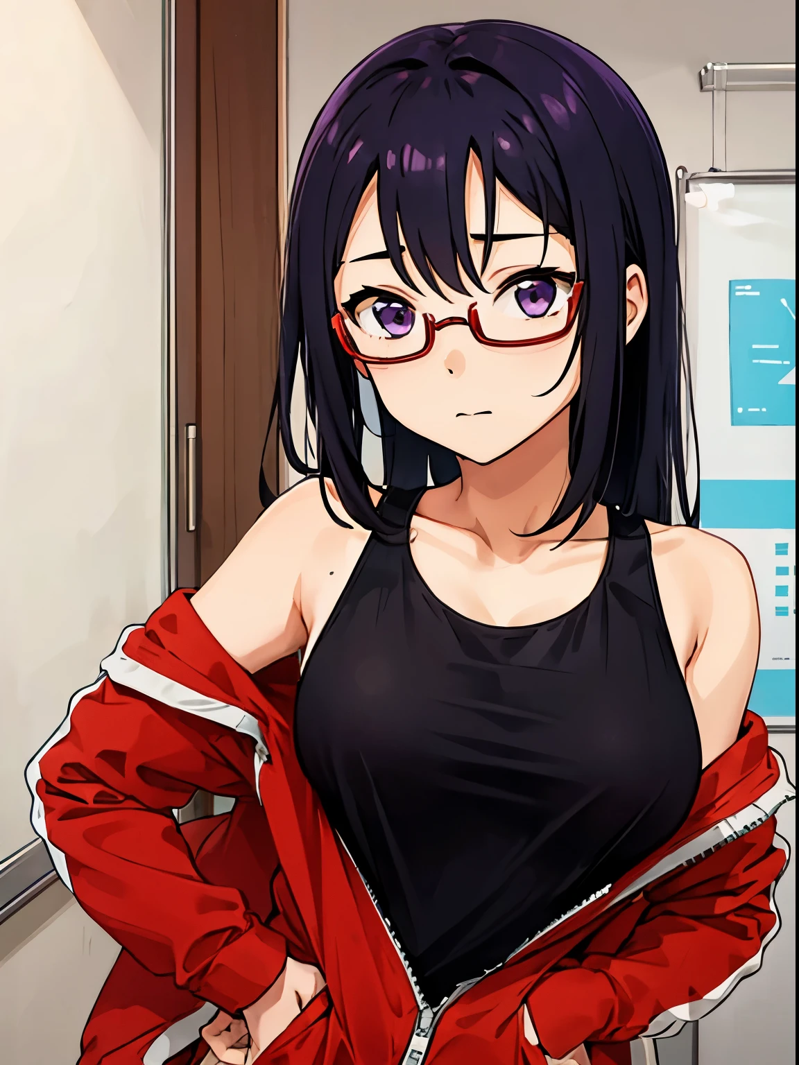 1girl, satou sakie, black hair, purple eyes, glasses, red track jacket, black tank top, open clothes