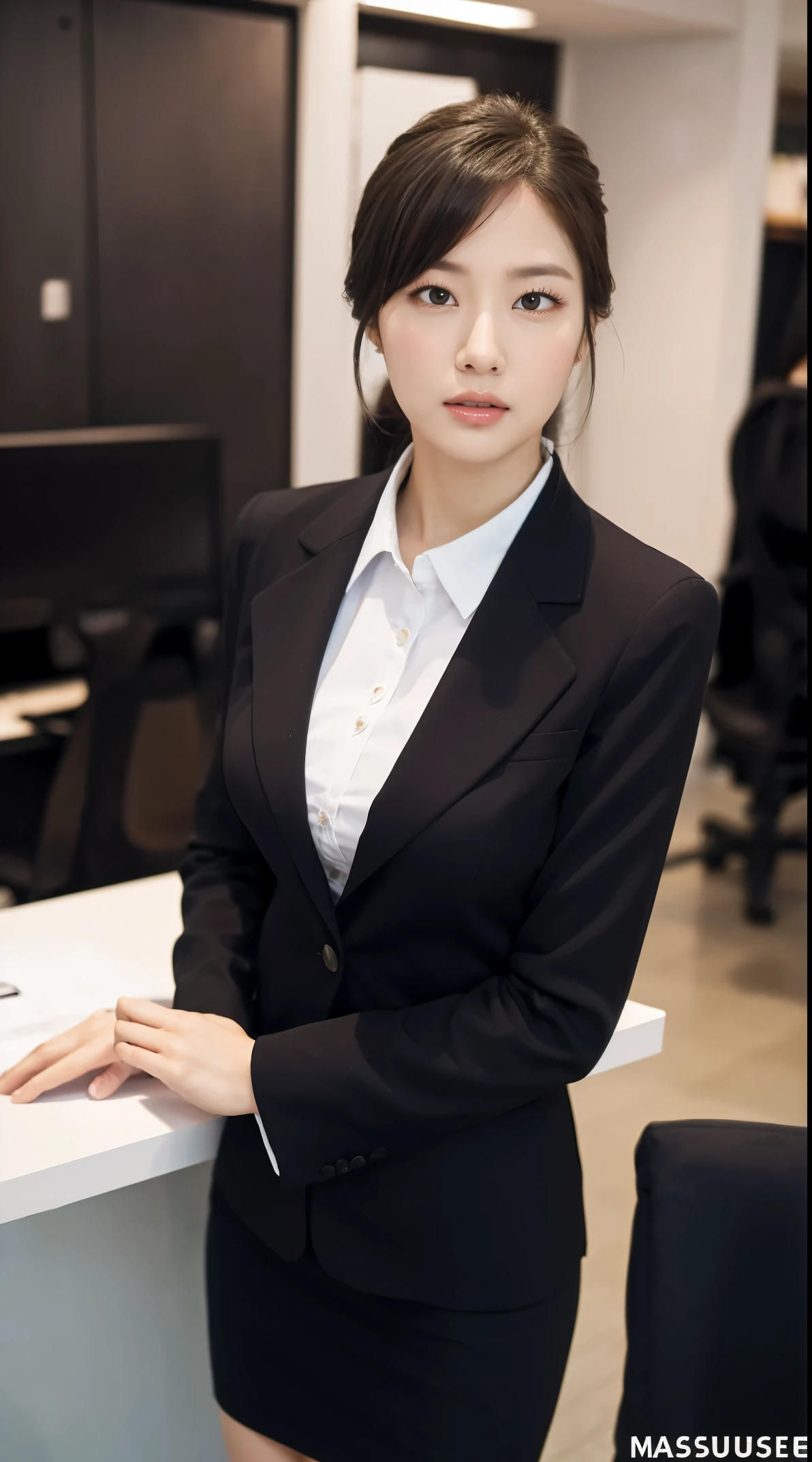 (masutepiece,High quality:1.3),(depth of fields:1.3) ,((front body:1.35)), Japanese ,beautiful woman,Chignon,Black Piece suit, collared shirt, Black pencil skirt,Huge breasts,(Looking at Viewer:1.3),(Full body:1.2),office