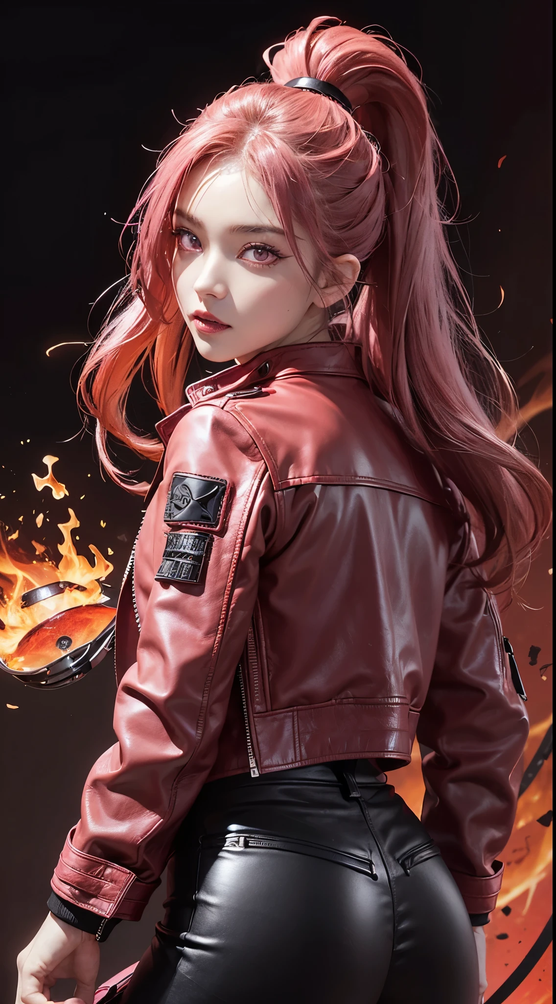 1 woman,masutepiece,Best Quality,High contrast,((Perfect Eye)),((Pink eyes)),((Perfect face)),parted_Lips,((red color flame background)),(Black leather jacket),(Black leather pants),Ponytail,8K,