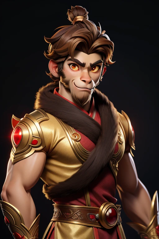 masterpiece, best quality, 1 monkey boy, glowing golden eyes, light brown fur, handsome face, furry body, red Chinese clothes, simple background, solo, upper body
